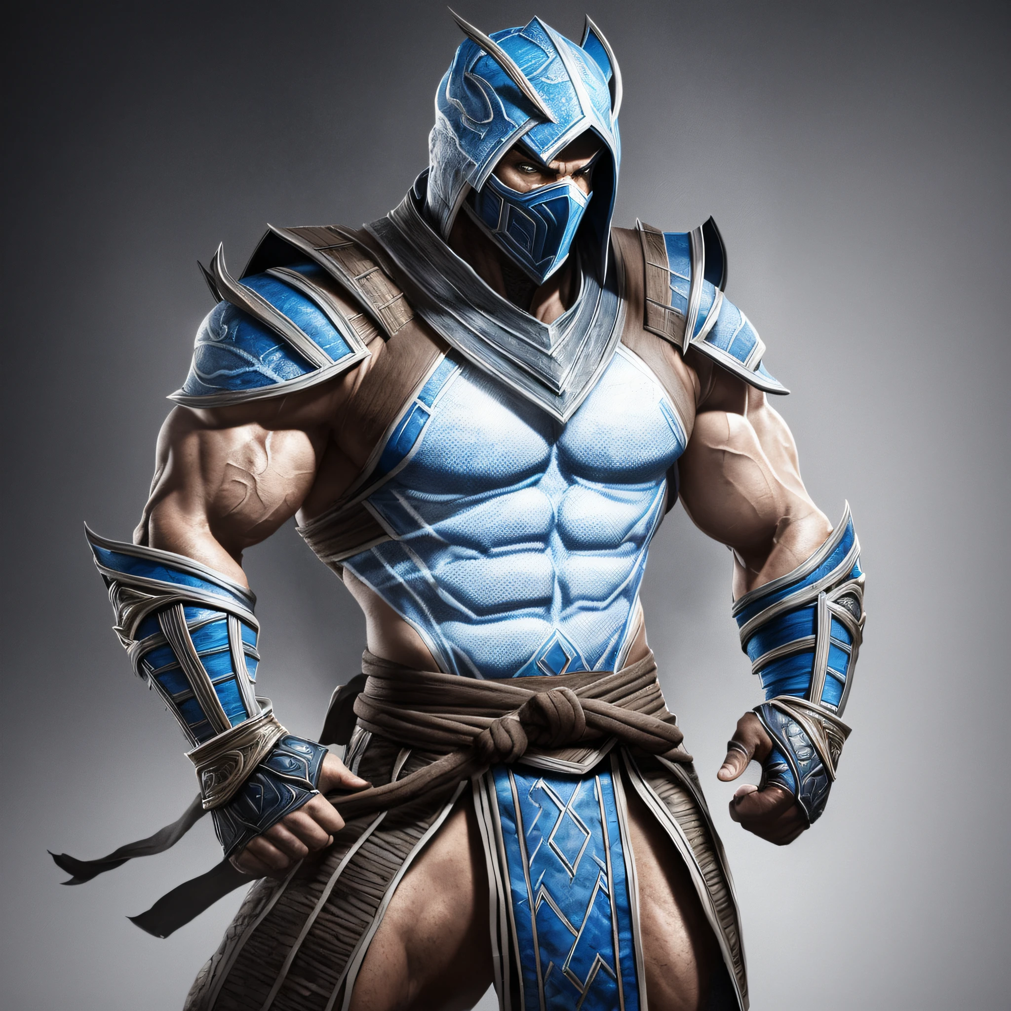 Mortal Kombat Sub-zero Character Concept ((Super Strong)), Masterpiece, Best Quality, Ultra-Detailed, Full Body, Two Hands on Waist, White Background, Analog Style (See Viewer:1.2) (Skin Texture) (Film Grain:1.3), Ultra-High Resolution, Octane Render, 16K --auto --s2