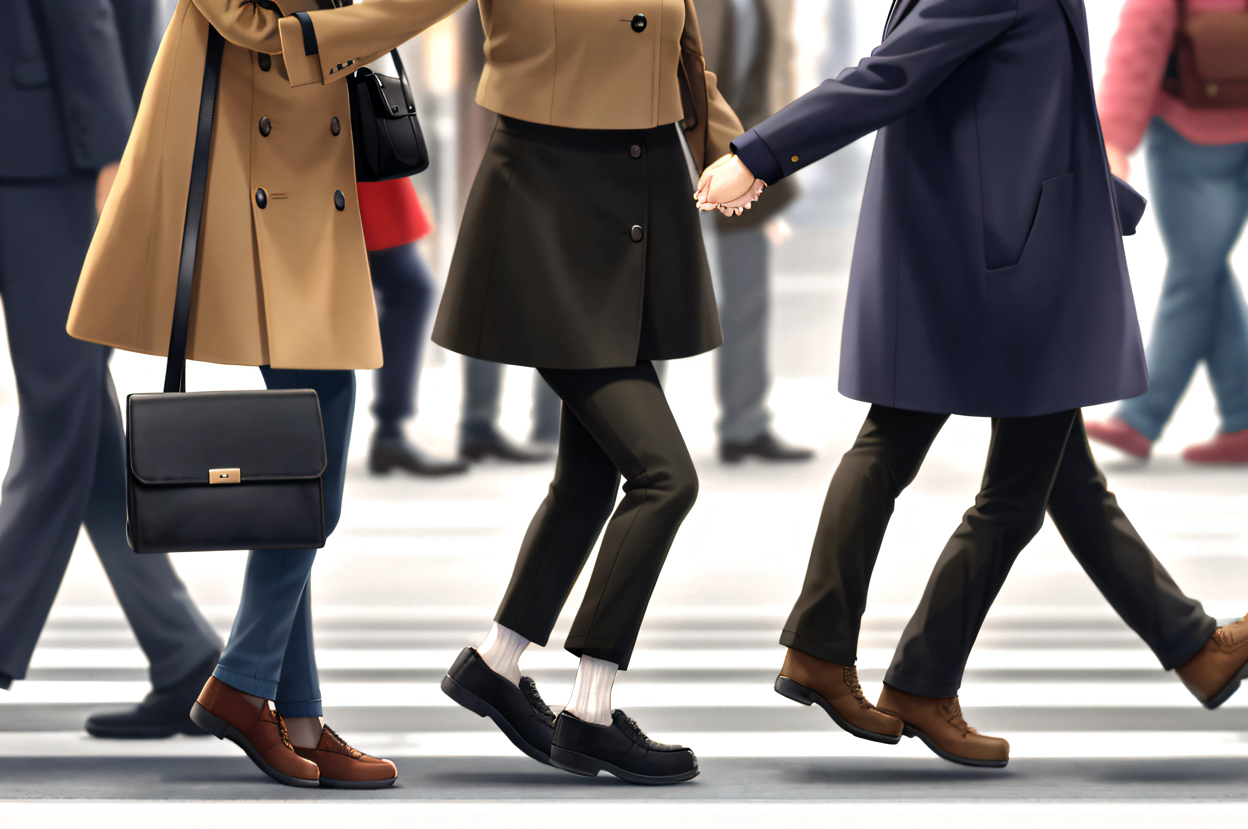 People walking on a city crosswalk with buildings in the background, people walking to work, people commuting with briefcases, people walking on the street, people walking on the street, people walking on the street, people walking, people walking outside, On a sunny day