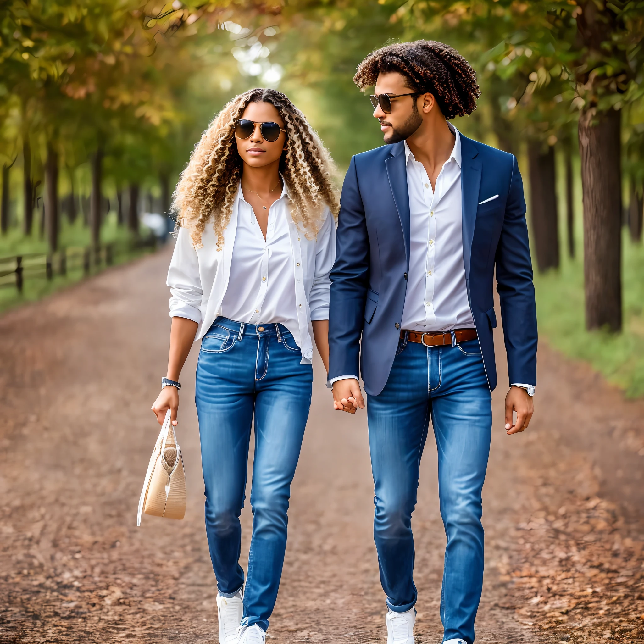 **A man, Hypernatural, couple strolling together, ((Perfect anatomically)) with blond hair and beautiful, delicate green eyes, looking at the audience. He has one ((Full Body: 1.2)), is holding hands with the bride ((Western)), ((brunette with long hair with curls)) happy, love is in the air, natural light, walking through the park, many trees of all colors, illustrations, 8 wallpapers, ultra-detailed, full body portrait, best photos, images without anatomical errors, wrong paths, intricate details of the highest quality, perfect and symmetrical face, perfect and symmetrical hands, symmetrical faces, symmetrical lips, symmetrical eyes, symmetrical heads, tanned skin, auto, sportswear, jeans, sneakers, s2-upscale, air 3:2 L, 3D, error free.** --auto --s2