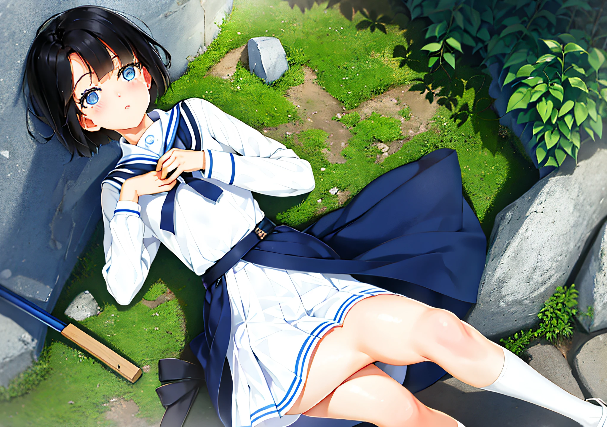 Ultra-clear picture quality, a girl wearing a white school uniform short skirt, short black hair, blue eyes, bangs, holding a popsicle in her left hand, a handbag in her right hand, a bicycle parked next to her, an old stone wall spliced on the background, and the shadow of the leaves cast on her