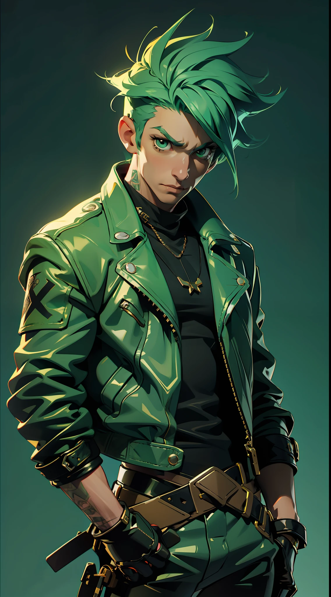 A rebellious rocker with green hair and a leather jacket