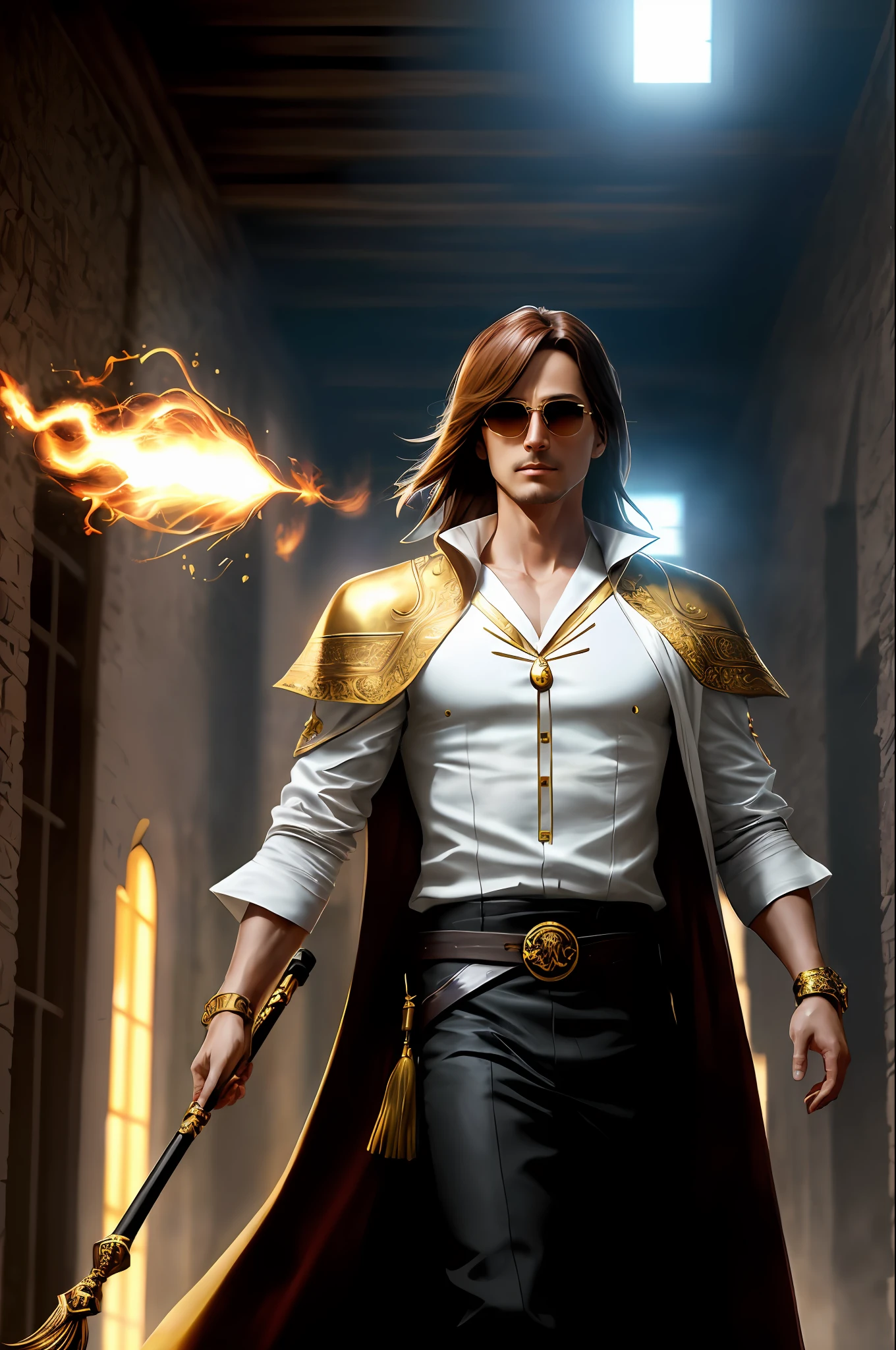 realistic photo of Iori Yagami as a wizard walking in a hallway, white wizard shirt with golden details, white tunic, pig pie hat, sunglasses, fireballs floating around the person, (full body photo: 1.4), high fantasy background, ((perfect composition:1.4), deviantart hd, artstation hd, concept art, detailed face and body, award-winning photography, margins, detailed face, detailed hands, backlight, ultra-realistic 12k, ray tracing, intense gaze, looking at the viewer, cinematic lighting, art by Grzegorz Rutkowski)
