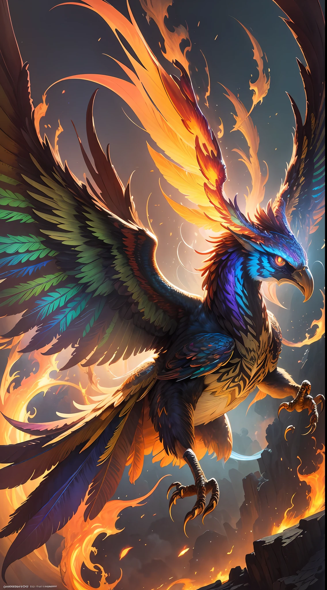 ((highest quality)), ((masterpiece)), ((ultra-real)), ((surreal fantasy style)), beautifully intricate and detailed soft oil paintings by Jim Lee, cinematic golden light, mythical birds of prey, facing the viewer, amazingly beautiful and powerful giant phoenixes gushing out of the ashes, awe-inspiring legendary firebirds, (vivid rainbow flames everywhere, Colorful conflagration, swirling hell: 1.5), vast expanse symmetrical flame wings, ultra-detailed feathers, razor sharp claws, unparalleled magical energy, soft edge lighting, (flying)), professional, soft volumetric lighting, depth of field, film grain, smooth, rough, real life, warm and vivid color palette, rainbow phoenix --auto --s2
