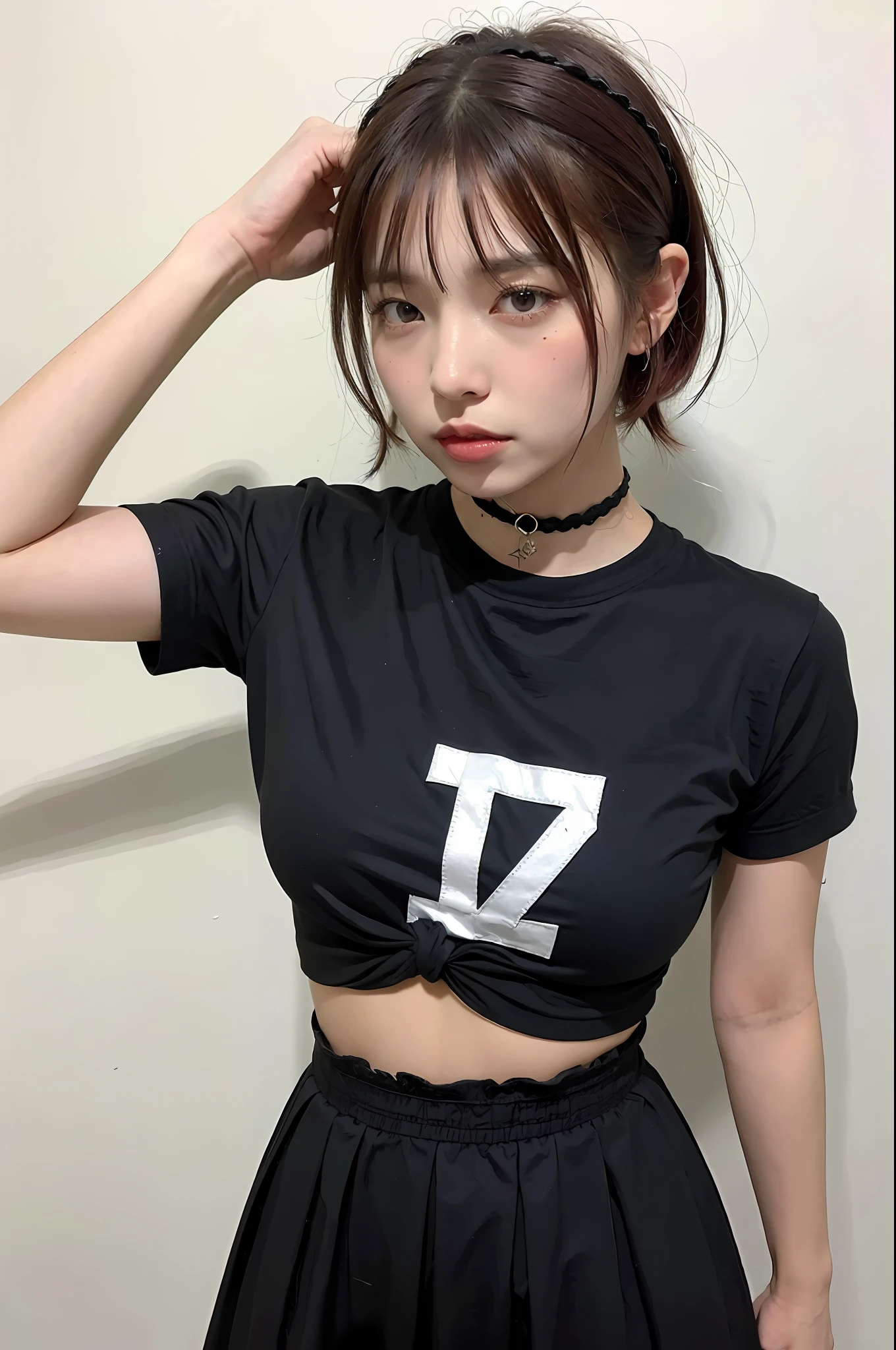 (8k:1.27), best quality, masterpiece, ultra highres:1.2), arrested cute goth japanese delinquent girl with arm tattoos, tattooed girl, full body picture, orange oversized knotted prisoner t-shirt with black letters, short big sleeves, orange inmate prison uniform, dyed pink hair, short bob hairstyle, hair pulled back, in a prison cell, handcuffed, submissive neck choker, 4k or 8k picture, looking disgusted, paisley bandana ribbon hairband