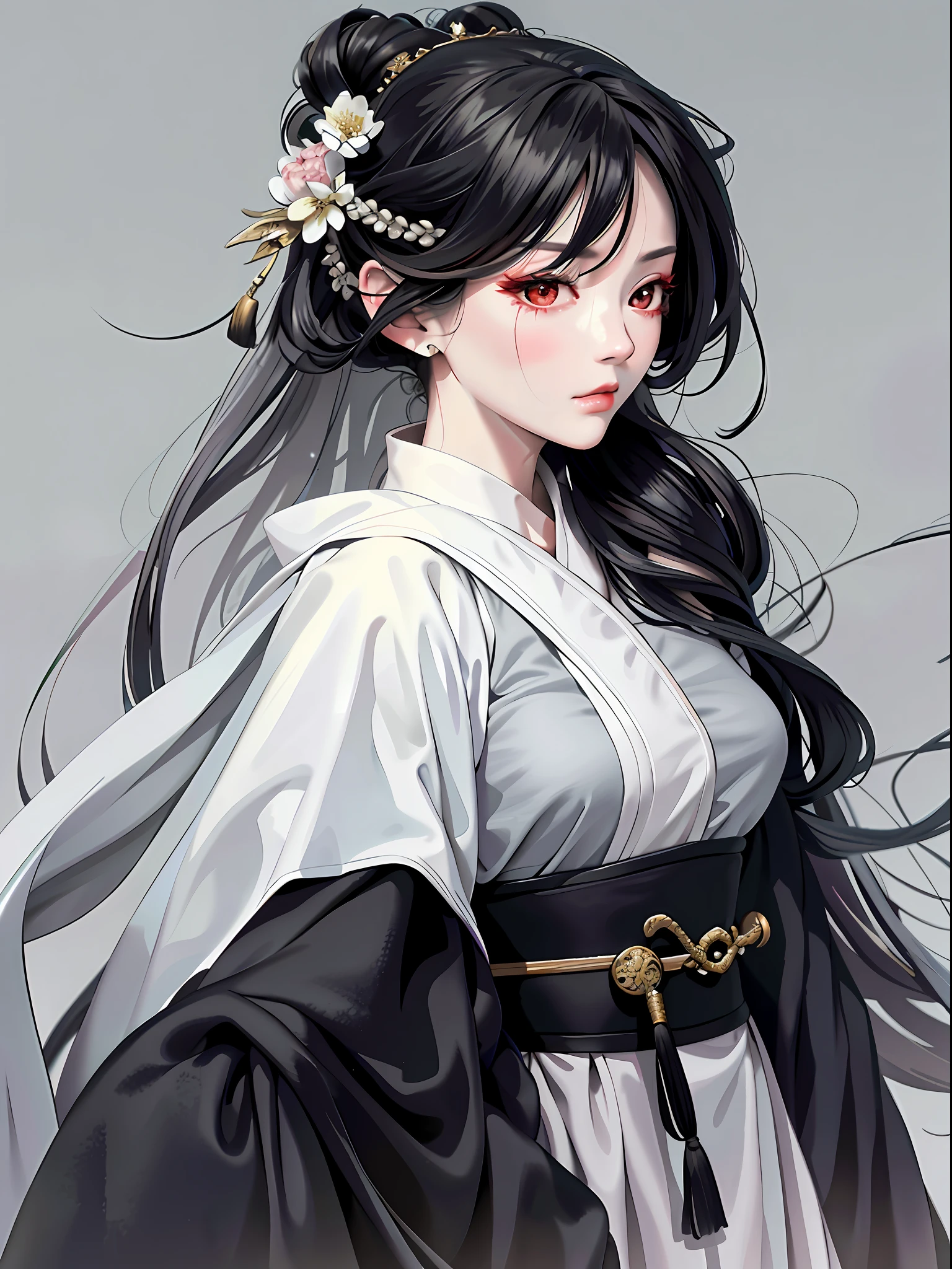 Masterpiece, Superb Style, Rainy Day, Chinese Style, Ancient China, 1 Woman, Ink Painting, Mature Woman, Silver-White Long Haired Woman, Hair Over Shoulder, Pale Pink Lips, Indifference, Seriousness, Bangs, Assassin, Sword, White Clothes, Blood, Facial Bloodstain, Facial Details, Correct Proportions, This painting was created in the Guweiz style and depicts an oil painting of a woman with long hair. The entire painting features a palette of white and black. The woman's face is very realistic female faces, which are loved by the audience. It is presented in the meticulous drawing method of Gongbi. The women's white hair is like snow, the eyes seem to be full of watery red eyes, exuding a mysterious atmosphere, the women are dressed in elegant and exquisite clothing, and the whole painting shows a high degree of skill.