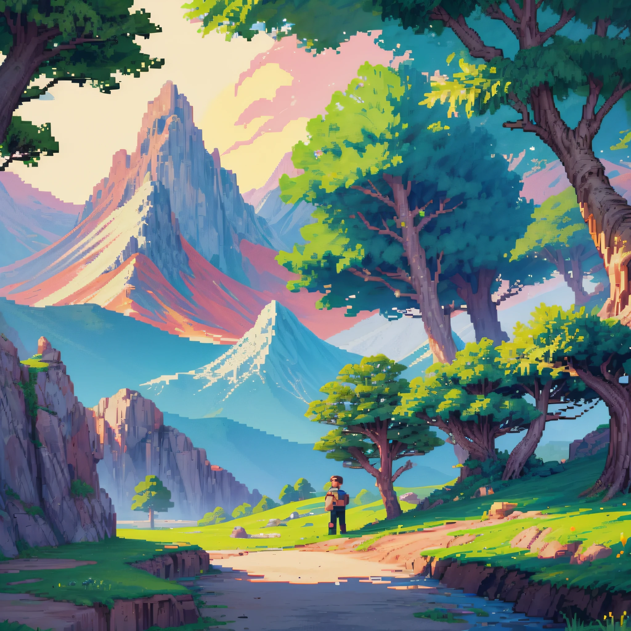 "Create a 2D fight scenario in a natural environment with trees and mountains in the background. Use the 26-bit pixel art style and add an old TV to give a retro touch to the scene." -> "(26-bit pixel art+retro:1.3)2D fight between hero and villain in front of the mountains with leafy trees on the sides,buttons,particles and sparks flying in the air,retro-TV fits the scene."