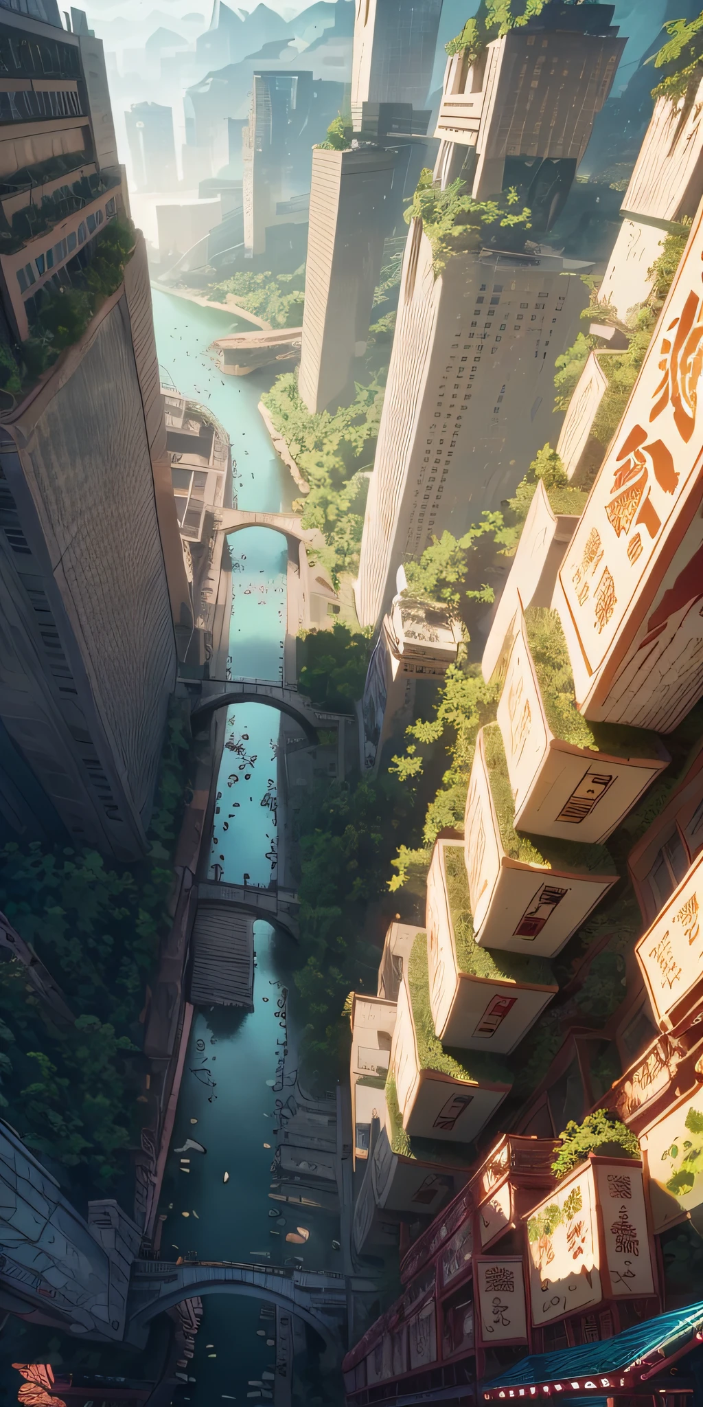 there is a picture of a city with a river running through it, octane render. by makoto shinkai, overgrowth. by makoto shinkai, makoto shinkai. octane render, makoto shinkai. high detail, inspired by Makoto Shinkai, makoto shinkai. —h 2160, greg rutkowski makoto shinkai