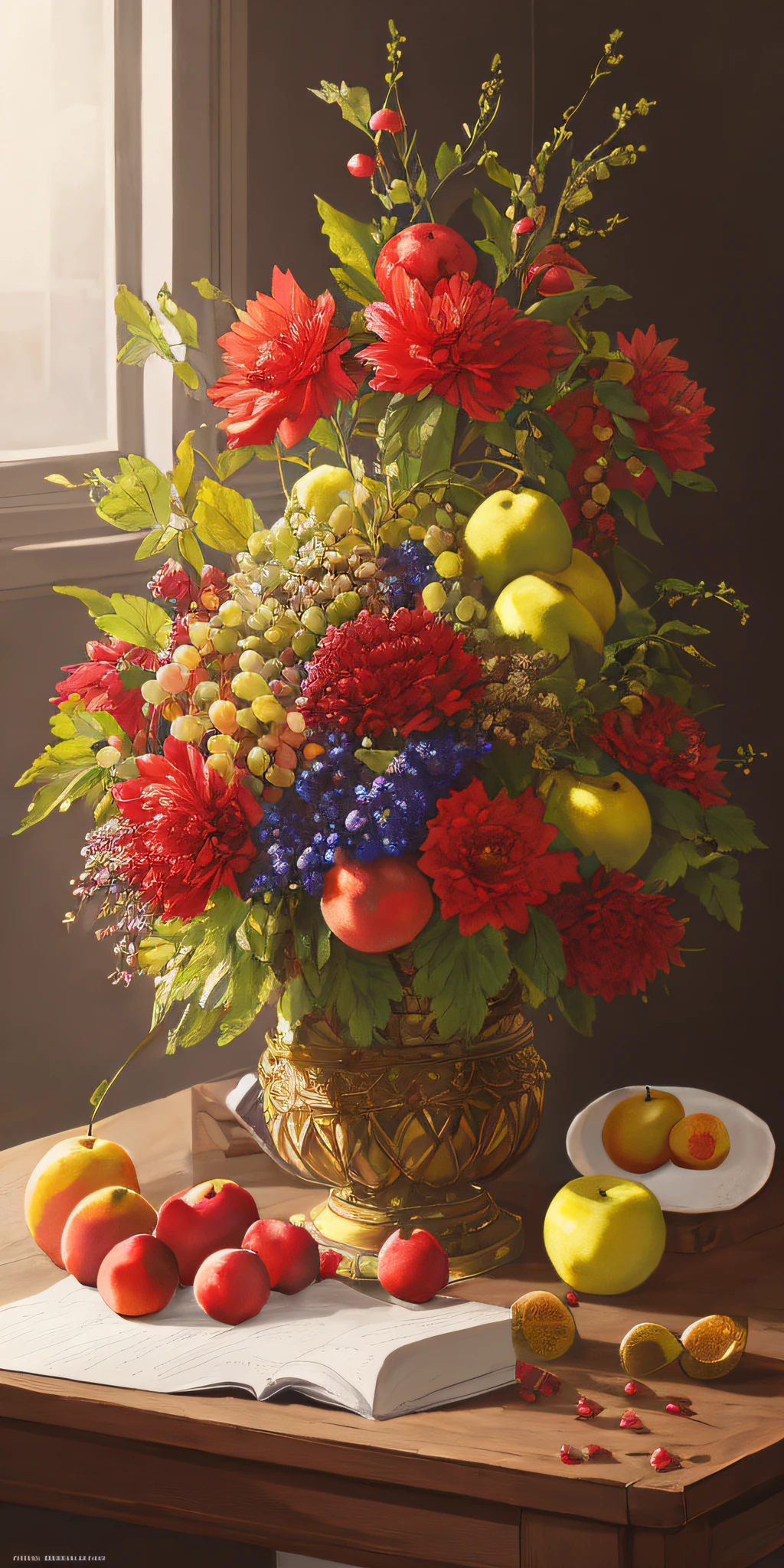 masterpiece, fruit basket and book on the table, still life, renato muccillo, fruits and flowers, harvest, photorealistic oil on canvas, sergey krasovsky, Vladimir Borovikovsky, nikolay kopeikin, Kim Hwangi, Illarion Pryanishnikov, Jason Benjamin fruit, photorealistic, extremely detailed, artstation trends, CGsociety trends, Intricate, highly detailed, dramatic, intermediate art And a masterpiece, best quality, high quality, hoarfrost on fruit, patina