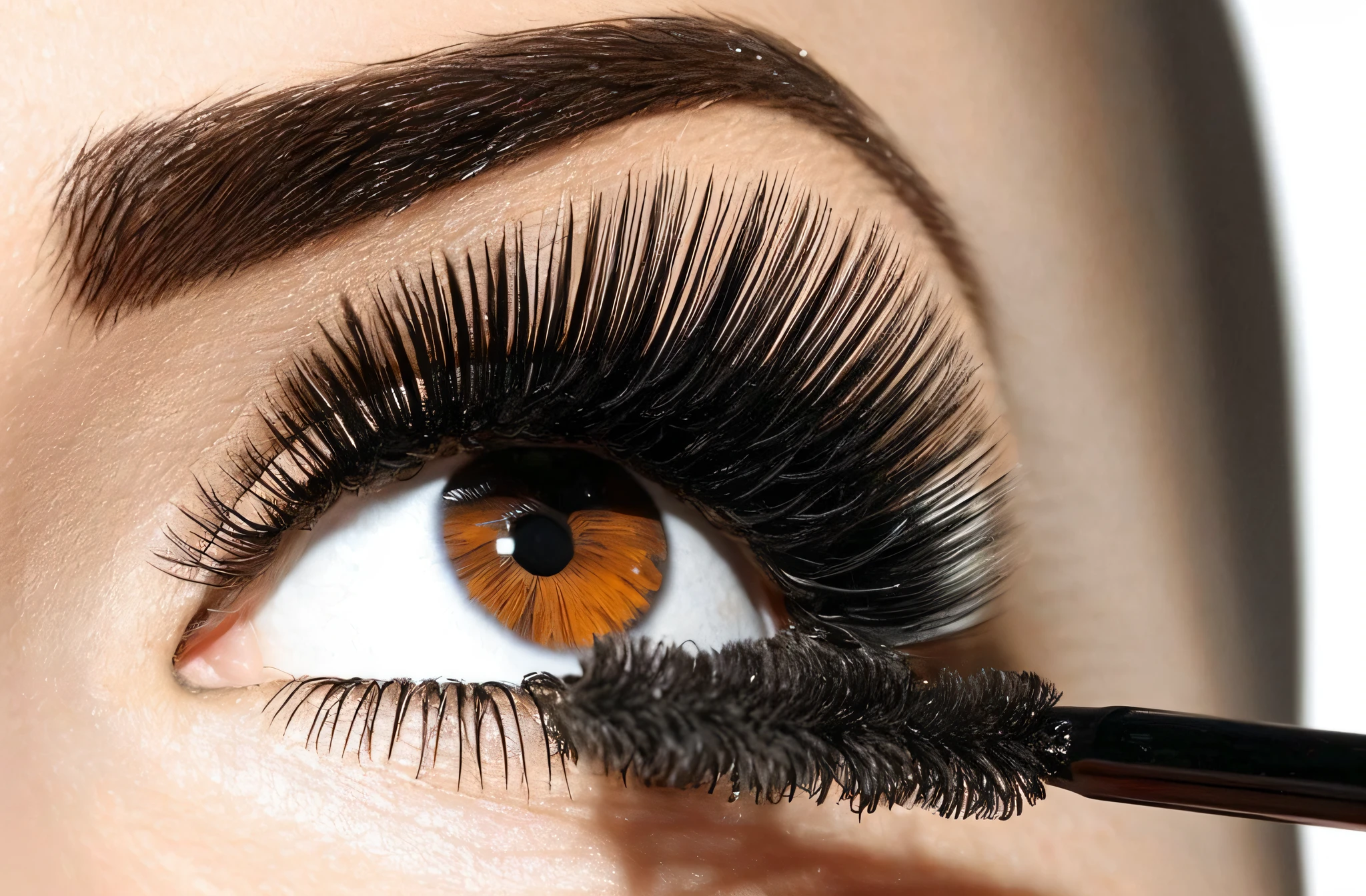 a close up of a woman's eye with a mascara brush, lashes, long eyelashes, long lashes, eyelashes, dark brown eyes and eyelashes, detailed lashes, big eyes with eyelashes, mascara, winged eyelashes, heavy mascara, white eyes and eyelashes, makeup, feathered eyelashes, white lashes, golden eyelashes, dramatic eyes, dark eye make - up, detailed makeup on eyes
