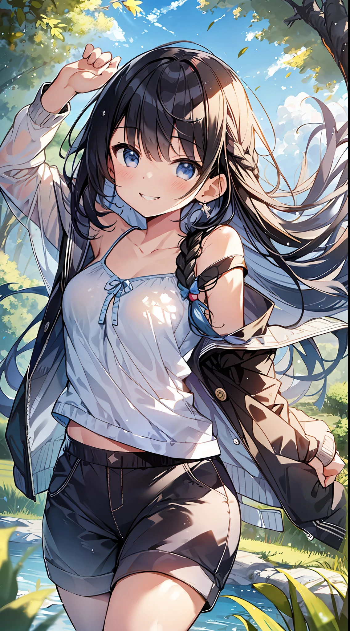 Top Quality, Masterpiece, Ultra High Definition, 8K, Summer Sky, Early Summer, (Pants, Sheer Cardigan, Sneakers), Shojo Manga Style Loli, One, Soft Line Art, Digital Enhancement, Shoujo Manga Touch, Shojo Manga Core, Flowing Fabric, Close Up, (Shoulder Length and Short Braid)), Wet Hair, Soft Drawing, Beautiful Black Hair, Clear Eyes, ((Teasing smile)) , Ultra-detailed digital anime art, clear face depiction, ultra-detailed shoujo manga character art, clear facial features, ultra-detailed manga style, top quality colors, hand gestures, landscape with nature, looking up at the sky, angle to see up to your feet, jump