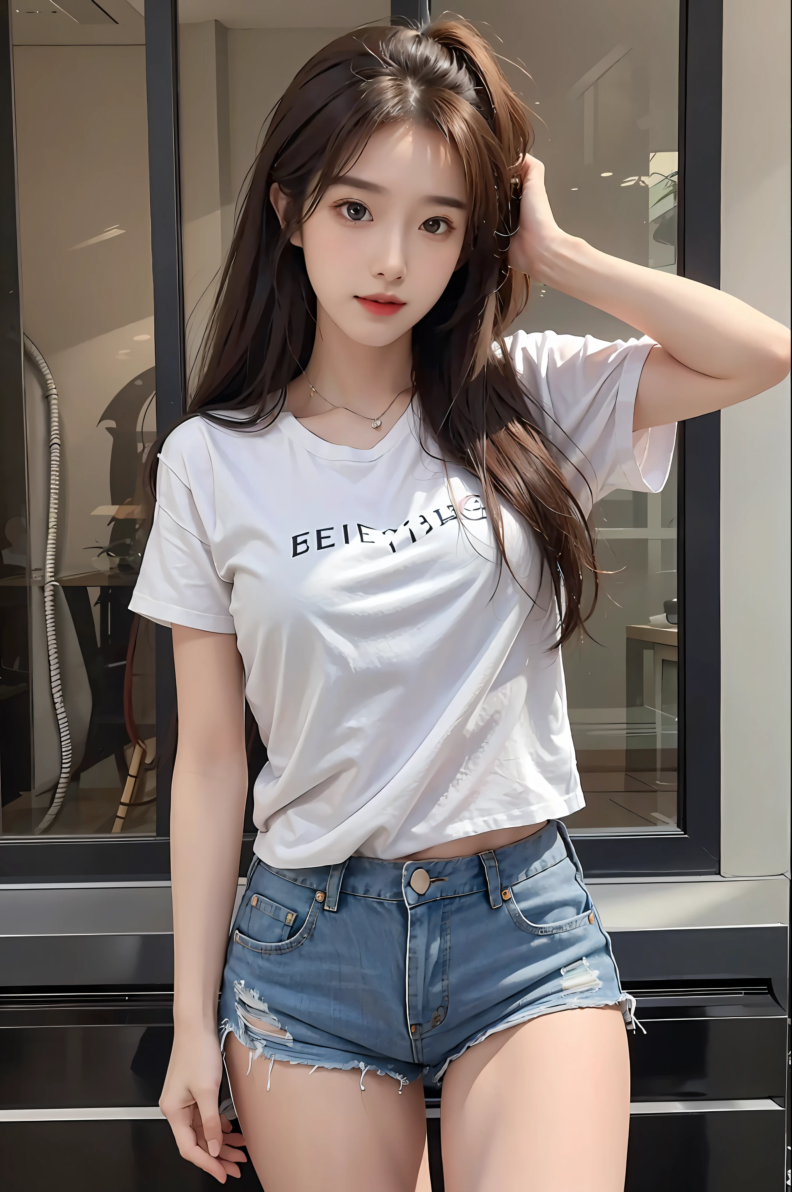 realistic, high resolution, 1 girl, long hair, korean,, loose white shirt, skinny denim shorts,, thighs, panties visible,