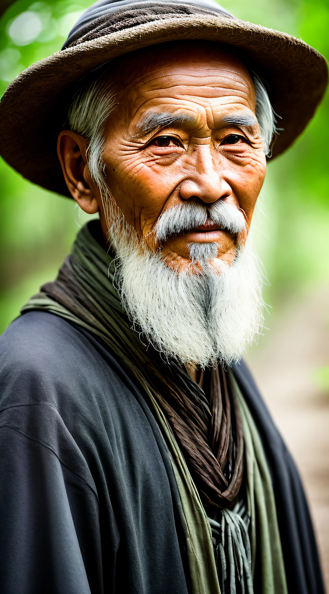 Portrait photography style, world masterpiece, super unique high professional digital art, film format, hyper-realism, color film photography with ultra-fine details and quality, background is deep in the forest, an old man in rural China, an old man with wisdom. He had long hair and a shawl, a long white beard, and kind and shrewd eyes. His skin has been blackened and powerful by the sun and rain, and the wrinkles are fixed on the corners of his mouth and forehead, making it seem that his years have precipitated. Although wearing a dark gown, although simple in appearance, it exudes sublime wisdom and a sense of tenacity of strength.