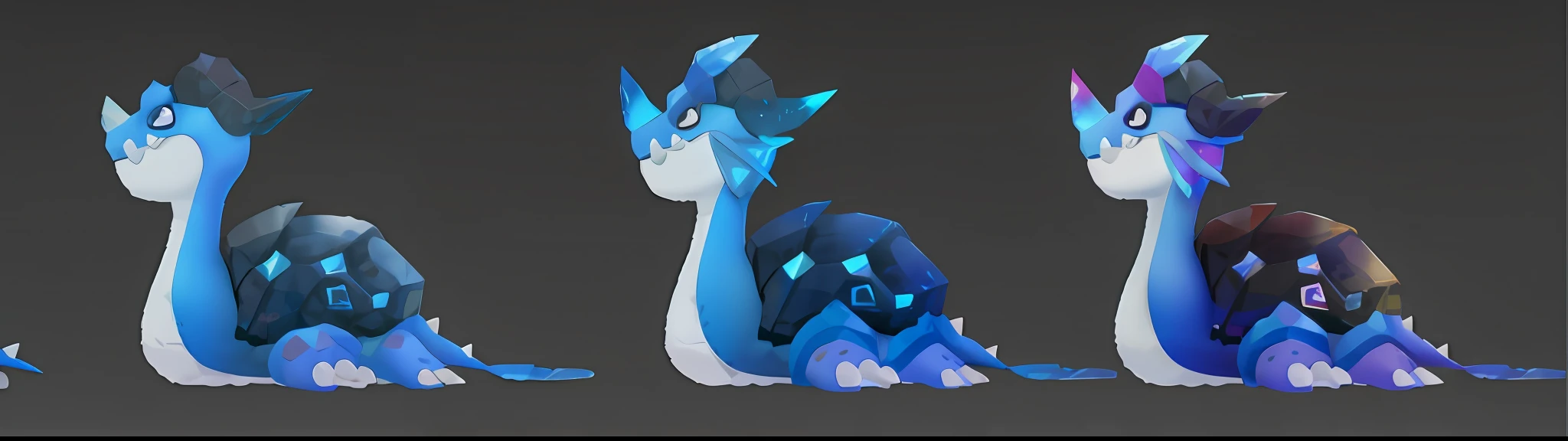 Close-up of a set of different colored Pokemon, Blue Scale Dragon, Frost Dragon, Stylized 3D, Trend on Polycount, A Cute Little Blue Dragon, Crystal Dragon, Game Asset, Stylized to 3D Rendering, Soft Harsh Features, Polygon Count, Stylized Shadows, Newly hatched Dragon, Drasaurus, Stylized STL, Back Color Overly Soft, Rich in Color