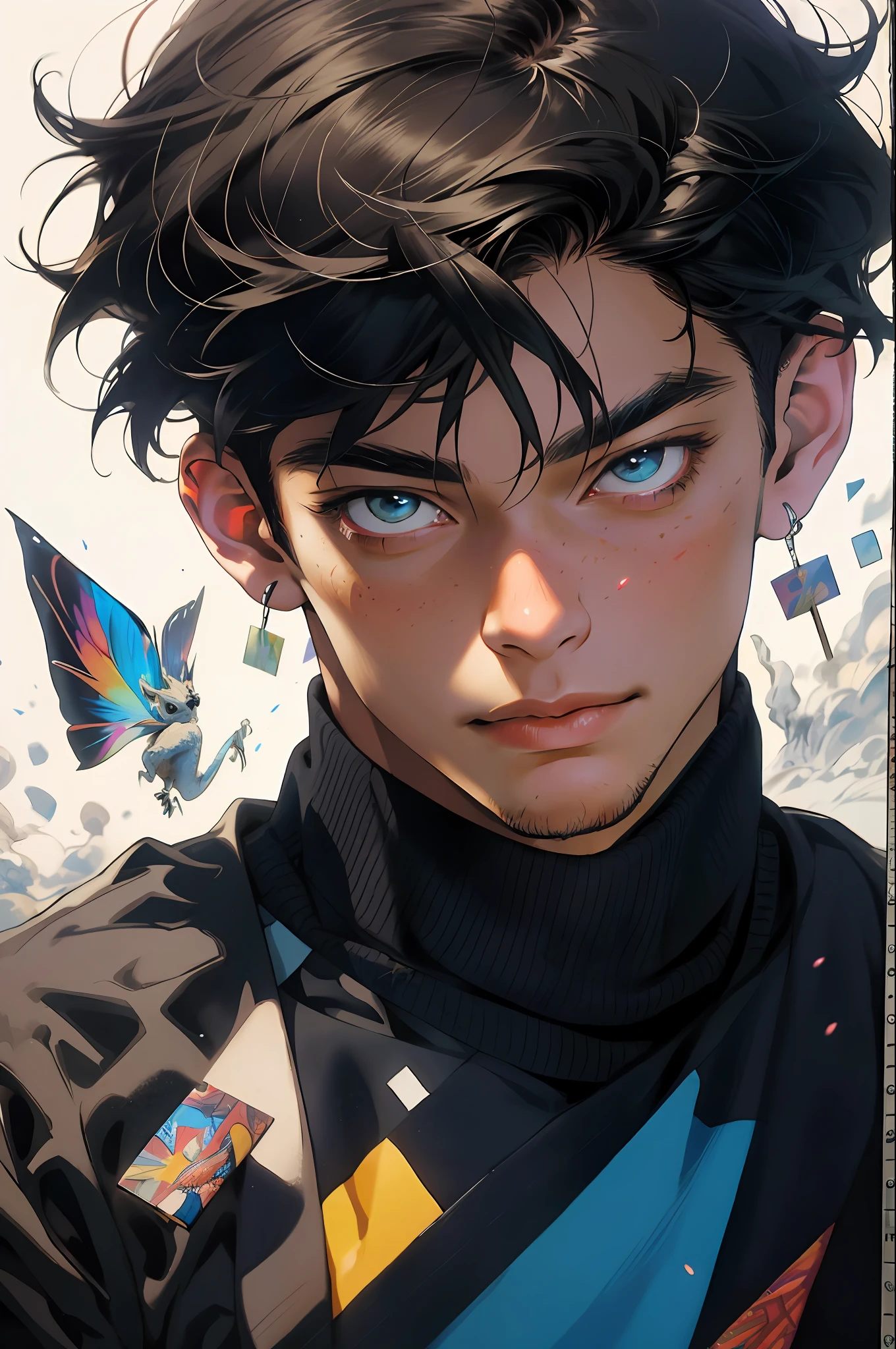 Realistic, (masterpiece, top quality, best quality, official art), very detailed, colorful, most detailed, gods, short hair, black hair, (magic), handsome man, snowflake