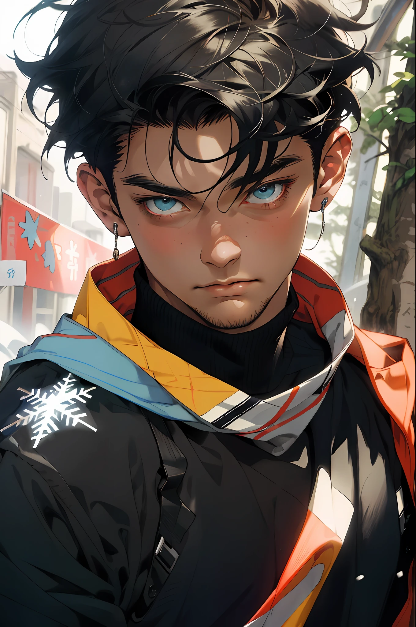 Realistic, (masterpiece, top quality, best quality, official art), very detailed, colorful, most detailed, gods, short hair, black hair, (magic), handsome man, snowflake