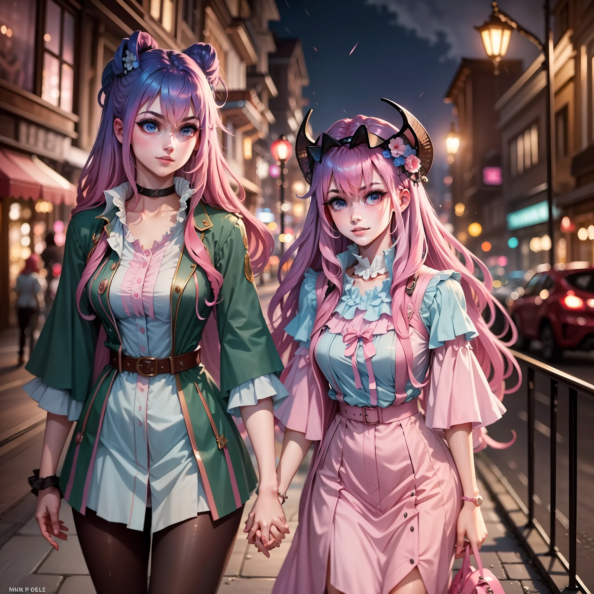 In the dark night, a pink-haired beauty holds the hand of a black-haired beauty, on the street, walking