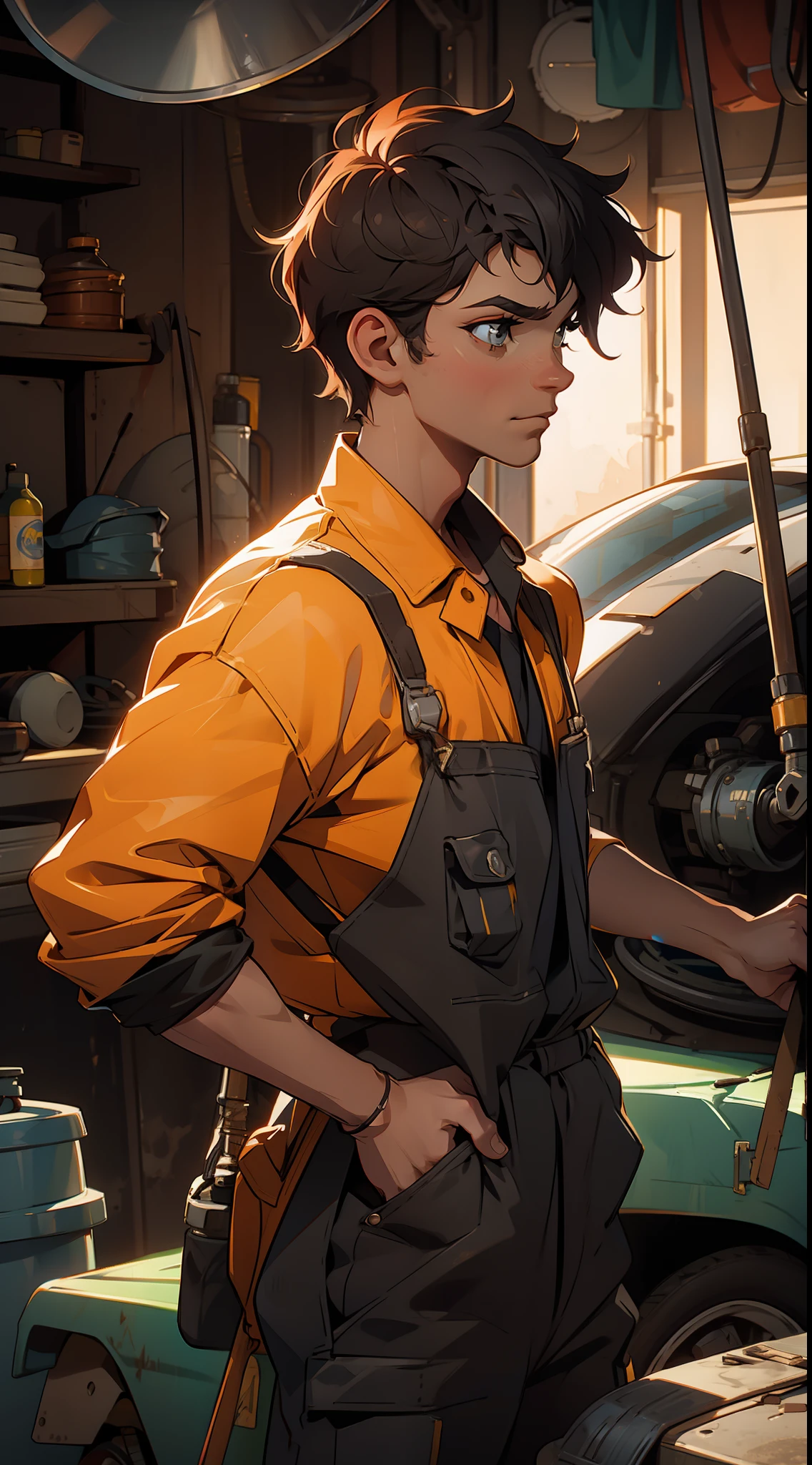 A mechanic with short hair and oil-stained clothes