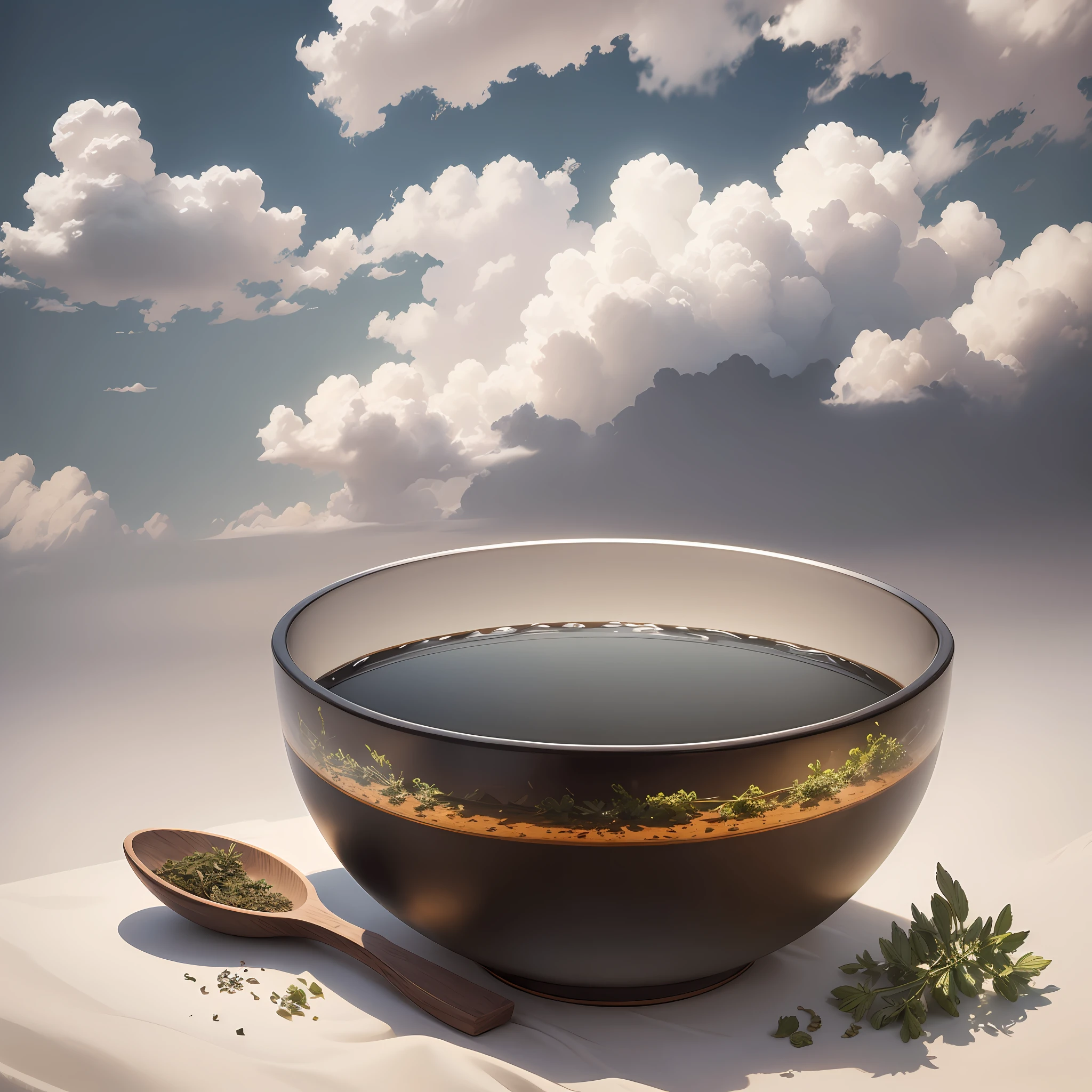 A bowl and dried herbs float in the clouds, the bowl contains the liquid brewed from traditional herbal tea, and next to the bowl are placed dried herbs, rich in details, botanicals, super detailed! The background is light, all white clouds, real scene style, high definition --auto --s2