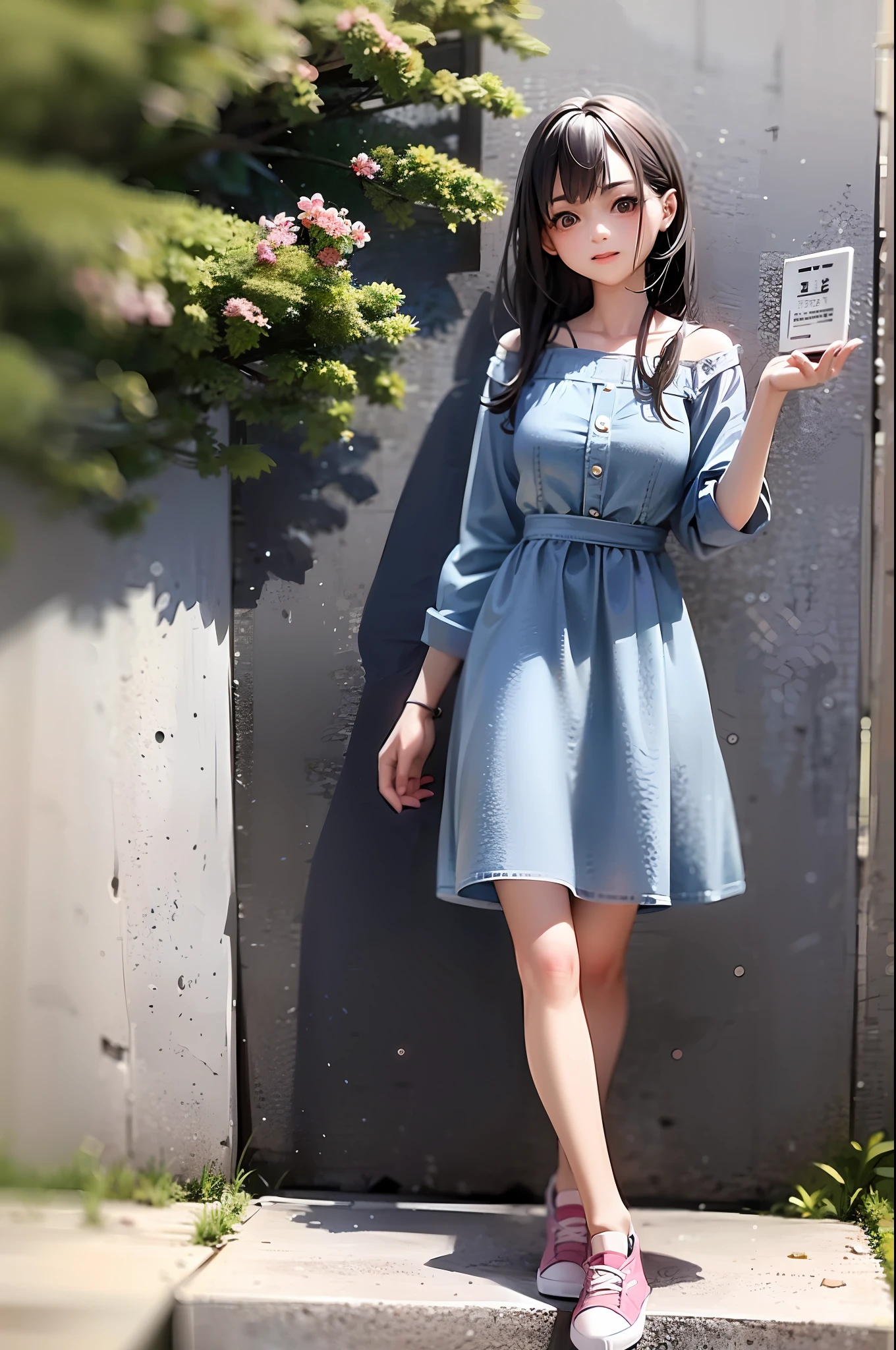 arafed asian girl in a denim dress and pink sneakers posing for a picture, full body cute young lady, photo of slim girl model, wearing in a summer dress, girl standing, fashion model pose, wearing blue dress, wearing a blue dress, stylish dress, woman posing, fashion pose, cute:2, trendy clothes, sky - blue dress