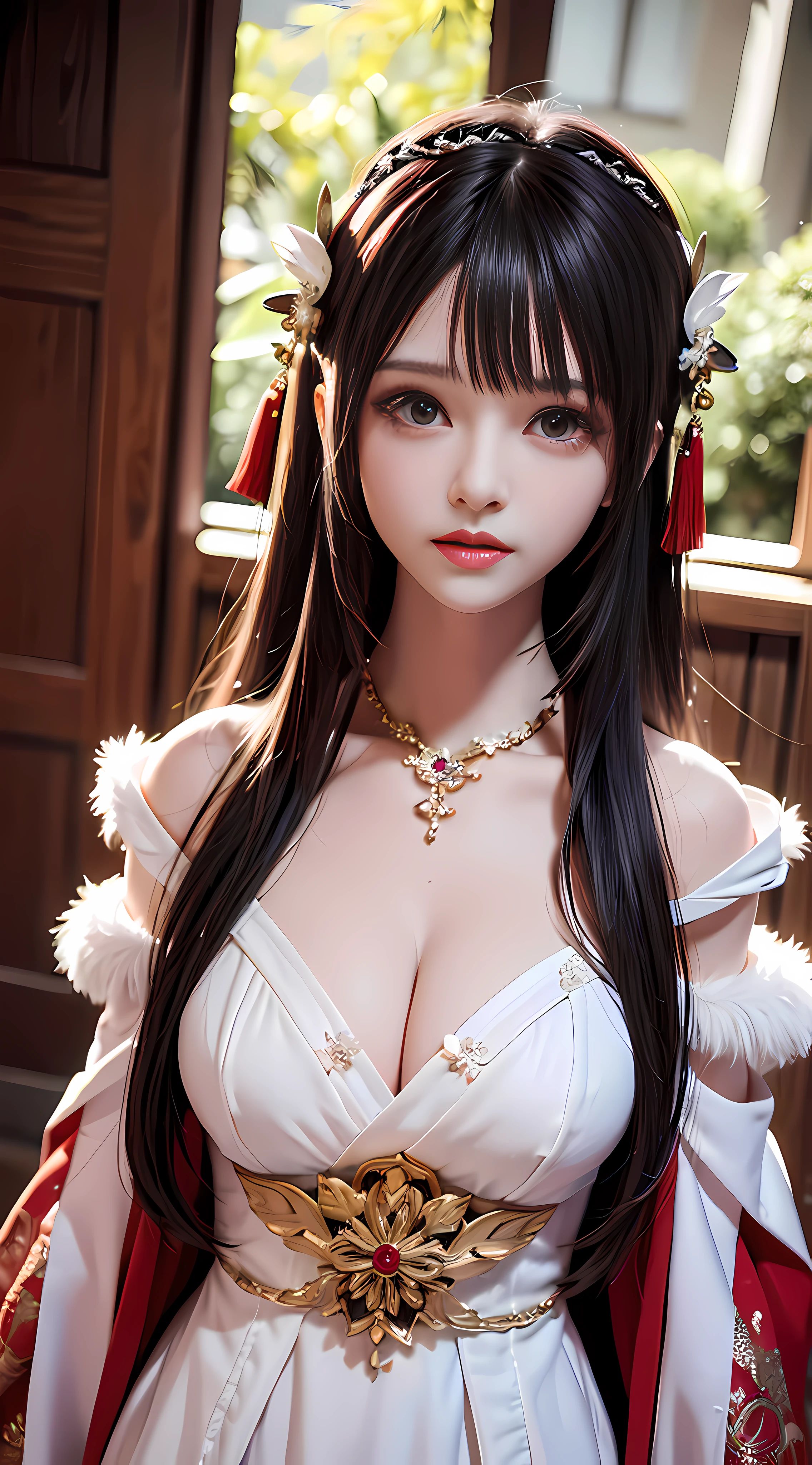 Stone garlic, sad, tears, red pubic hair, Bana, black hair, asymmetrical hair, curtained hair, hair over shoulder, hime cut, long hair, parted bangs, bangs, diagonal bangs, jewelry, jeweled branch of hourai, hair bobbles, kanzashi, bead necklace, hair tie, red hairband, feather hair ornament, hair beads, tears, crying with eyes open, makeup, sad, crying, tearing up, gloom (expression), nervous, unconscious, moaning, red lips, expressionless eyes, disappointed, despair, frustrated, lonely, depressed, sulking, worried, sobbing, high detail, anime, depth of field, glowing light, blurry, multiple monochrome, stereogram, vignetting, chiaroscuro, close-up, cowboy shot, UHD, anatomically correct, textured skin, masterpiece, ccurate, high quality, high details, super detail, best quality, highres, 8k