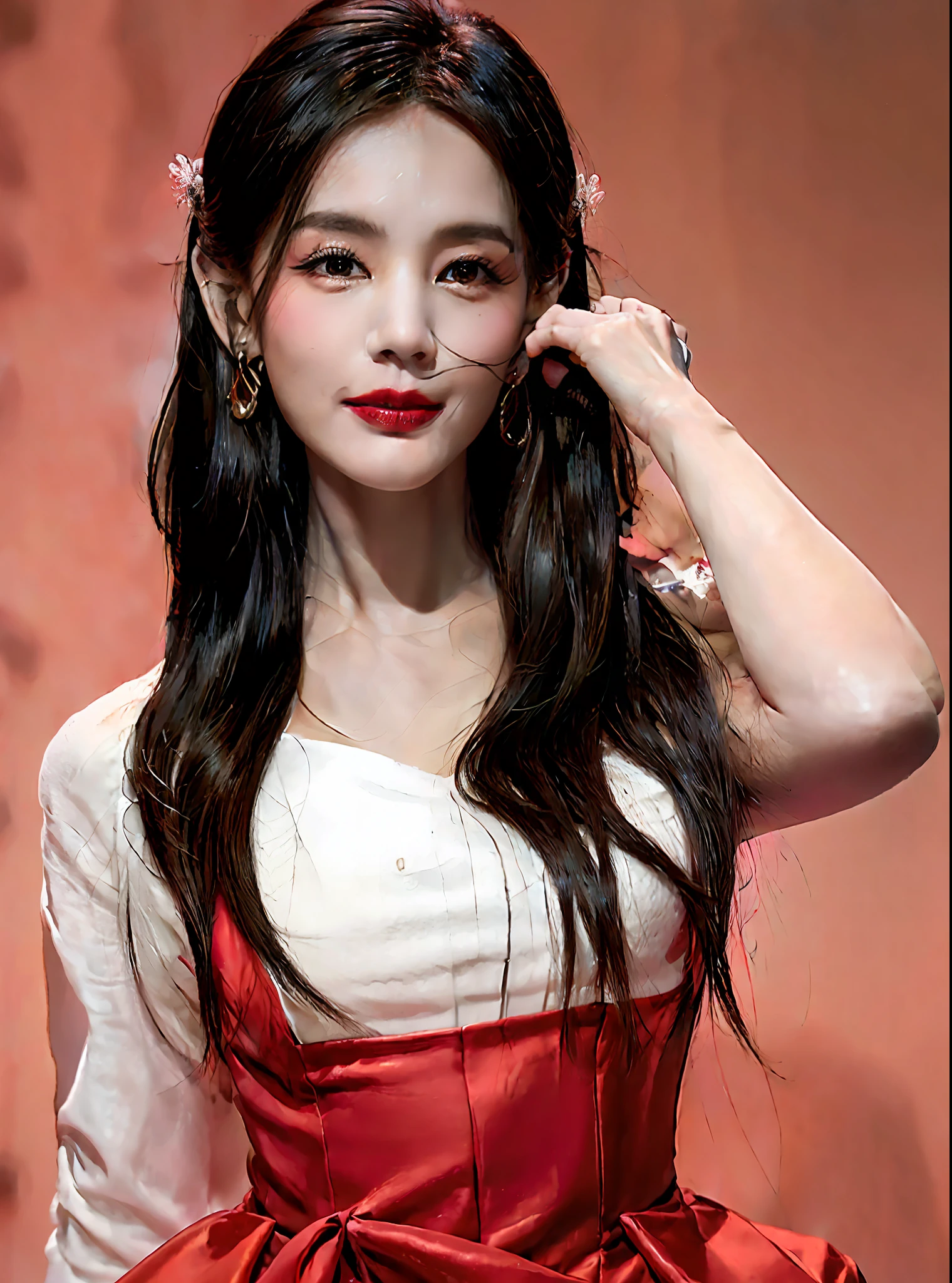 (shiny skin), makeup,red lips,smile(skinny,closed mouth,shy:1.5), huge breasts, looking at viewer, middle hair, (full body:1.5), purple eyes,(sliver hair:1.1),bangs, solo, pureerosface_v1, (best quality:1.4), stunning, fashionable, reliable, attractive, irresistible, mix4,ulzzang-6500-v1-1, high nose bridge, (photorealistic, high resolution:1.4), (8k, RAW photo, (simple background:1.4),realistic, masterpiece:1.2), (sharp focus:1.2), professional lighting, physically-based rendering,nsfw, beautiful vintage color,realistic, portrait of a firl, kind energetic, cheerful, creative, accurate responses, knowledgeable, with sparkling eyes and a contagious smile,
airasia uniform,red suit,white compression v-neck shirt,red tight skirt,red shoes,