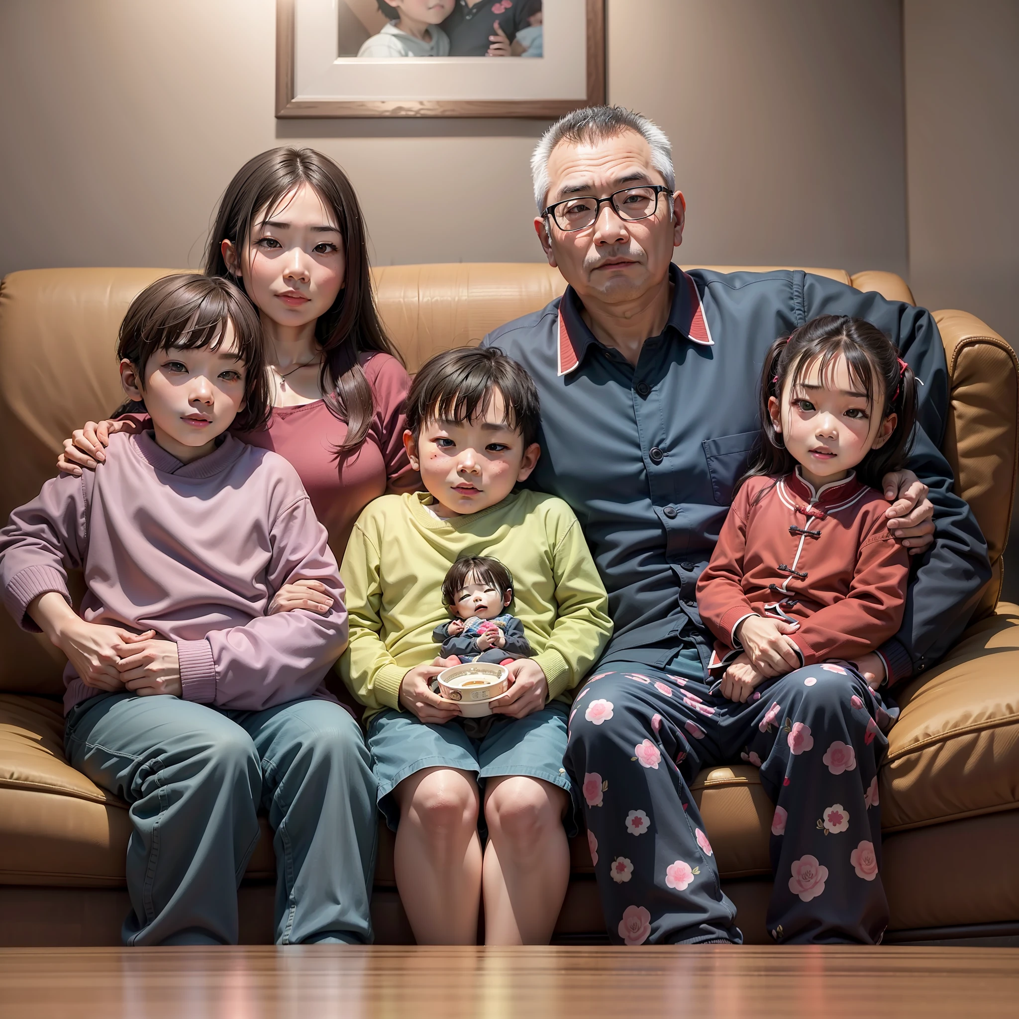 Chinese family sat on the sofa, feel the fast and happy life brought by 5G life together, two children, a boy, a girl, grandma sits on the left side of the sofa, the boy next to him snuggles next to grandma, grandpa sits on the other end of the sofa, two children sit in the middle of the sofa, dad and mother stand behind the sofa, 8k photos, family portraits, photos taken with Canon EOS-1D X Mark III, warm light, Full HD.1080P, 2K, 4K, 8K, extreme detail, APS-C format camera