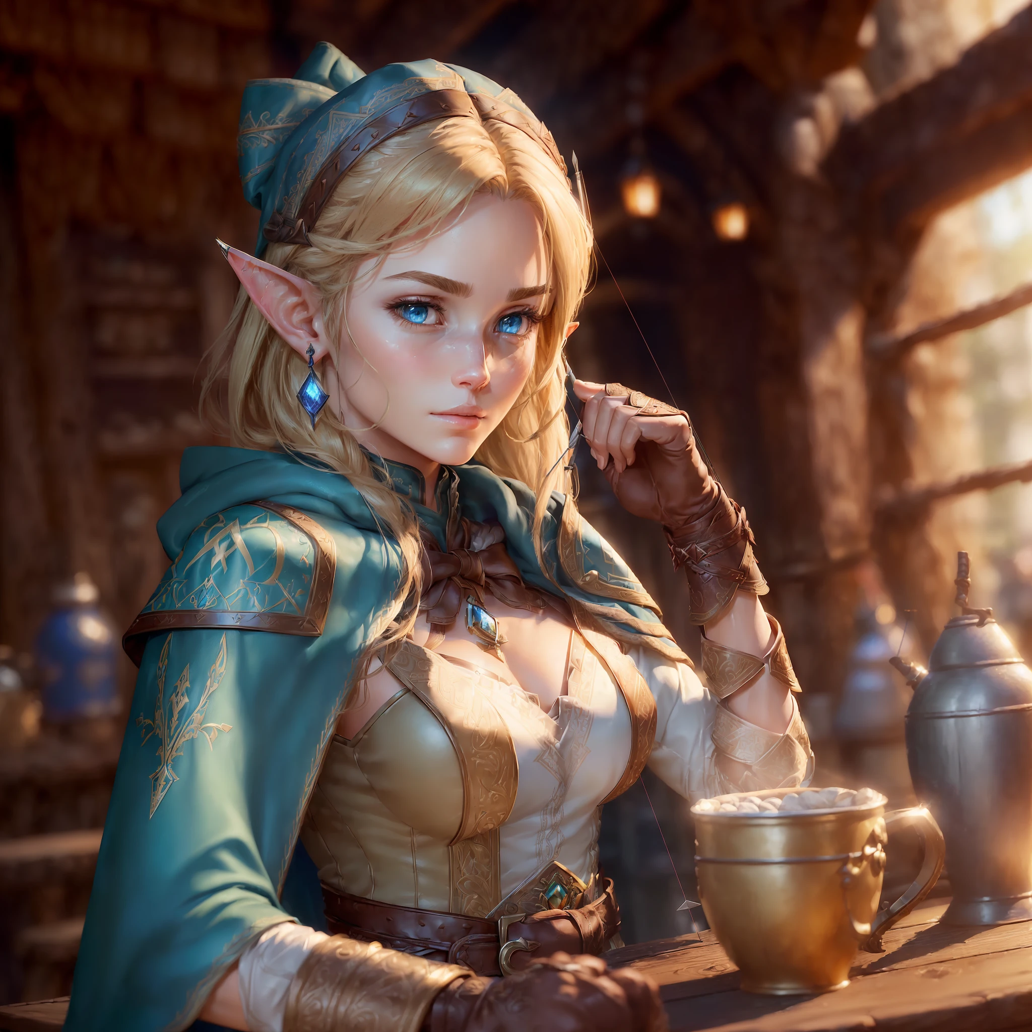 (skindentation:1.5), realistic, photorealistic, (masterpiece:1.5), concept art, intricate details, highly detailed, octane rendering, 8k, unrealistic mechanism, dynamic pose, best quality, high resolution, ((dramatic)), epic, depth of field, 8k, particles, (realistic face:1.1, hyperrealistic:1.1), ((1girl, close-up, big breasts, perfect eyes, detailed eyes, high quality eyes, perfect face, high quality face, bright skin:1.2,  bright face:1.2, embarrassed, blush:0.8, blue eyes)), server, rustic tavern interior in the background, jug, sign, jovial fantasy atmosphere, detailed background, blurry wooden bar table as foreground, ((elf, pointed ears, blonde hair, perfect hands))), ((archer, bow and arrow, extremely intricate cloak, leather armor, leather belt, boots, padded cloth, gloves,  bracelets, bow, quiver)) Angelina Jolie's reference face --auto --s2
