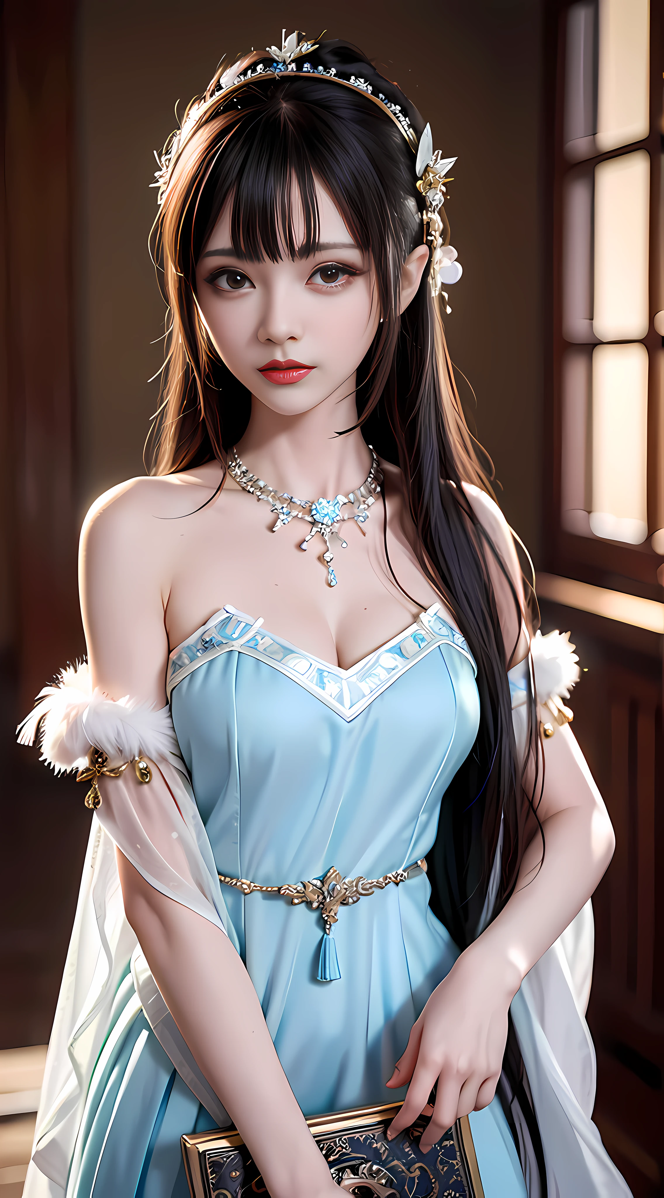 Stone garlic, sad, tears, red pubic hair, Bana, black hair, asymmetrical hair, curtained hair, hair over shoulder, hime cut, long hair, parted bangs, bangs, diagonal bangs, jewelry, jeweled branch of hourai, hair bobbles, kanzashi, bead necklace, hair tie, red hairband, feather hair ornament, hair beads, tears, crying with eyes open, makeup, sad, crying, tearing up, gloom (expression), nervous, unconscious, moaning, red lips, expressionless eyes, disappointed, despair, frustrated, lonely, depressed, sulking, worried, sobbing, high detail, anime, depth of field, glowing light, blurry, multiple monochrome, stereogram, vignetting, chiaroscuro, close-up, cowboy shot, UHD, anatomically correct, textured skin, masterpiece, ccurate, high quality, high details, super detail, best quality, highres, 8k