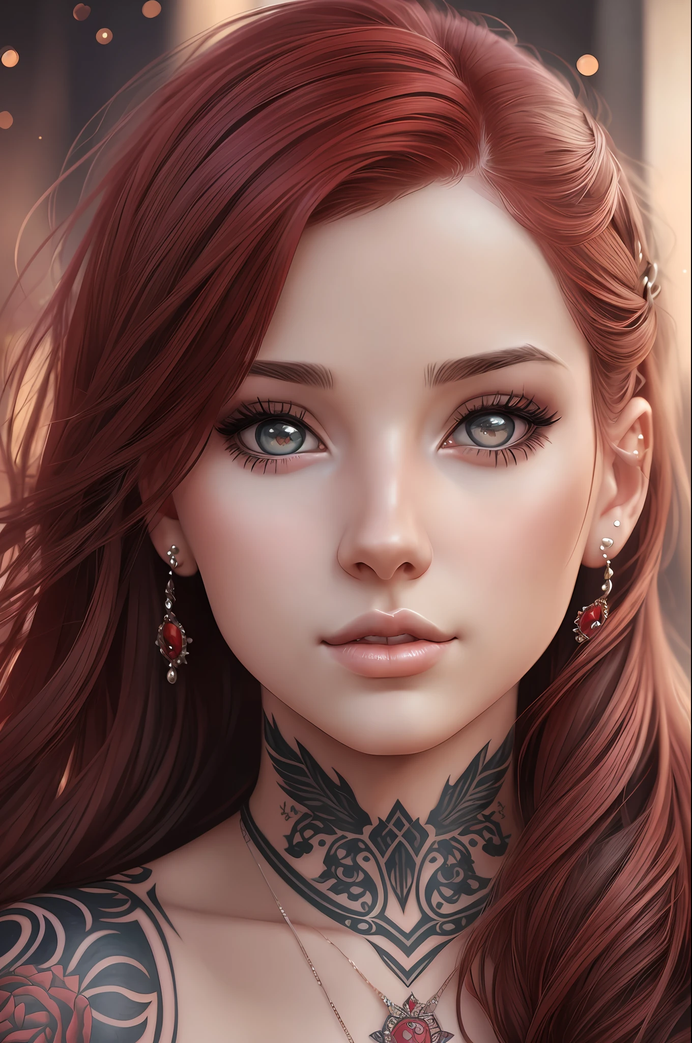 realistic girl with tattoos and piercings posing for a photo, straight red hair, hair with many details, beautiful sensual neckline, 25 years old, large breasts, belly tattoo, 8k artgerm bokeh, fanart best artstation, render photorealistic girl, guweiz-style art, inspired by WLOP, ig model | artgerm, detailed portrait of realistic girl, stunning portrait of realistic face, beautiful portrait, deviantart artstation cgscosiety --auto --s2