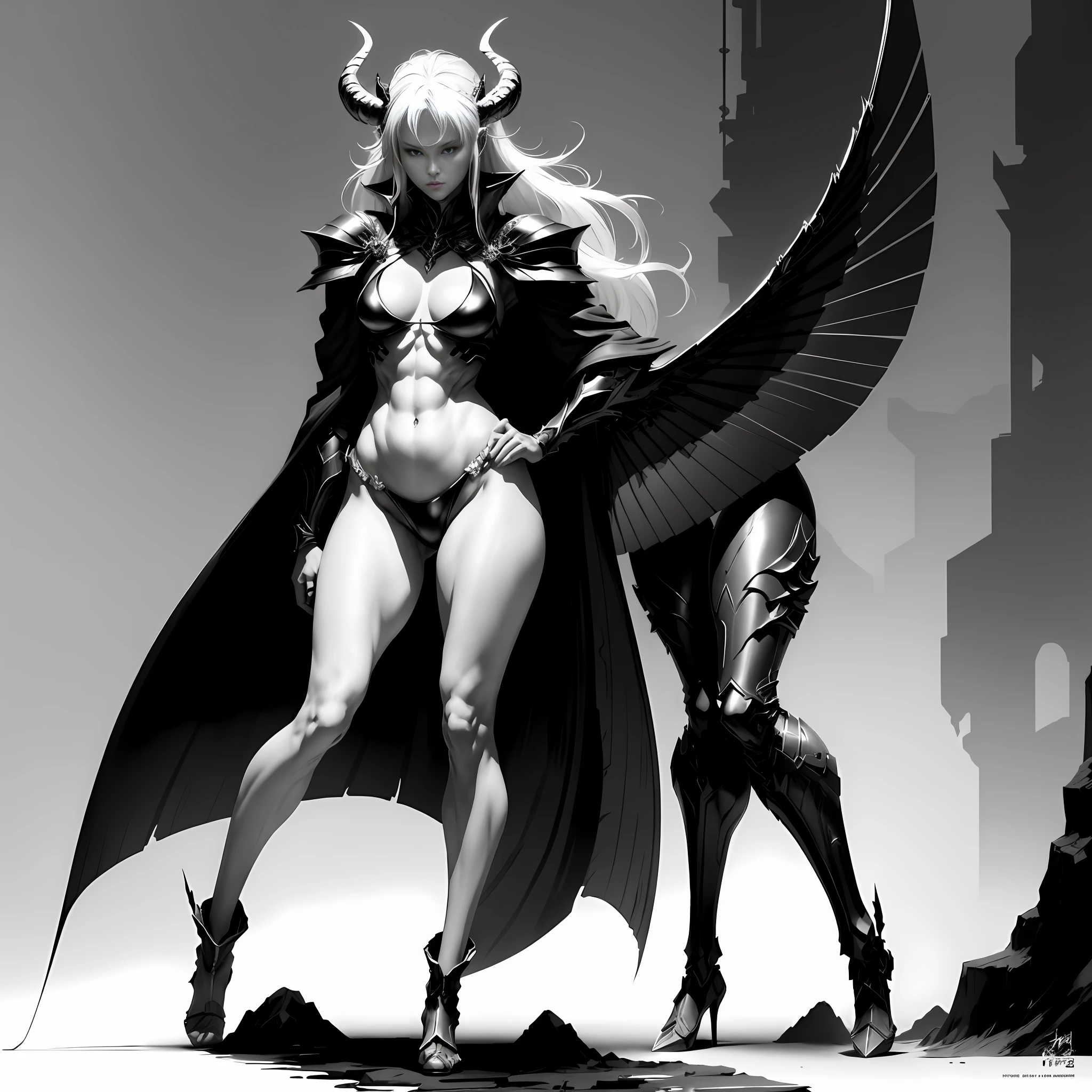 Masterpiece, 8k wallpaper, great black and white anime artwork master, black and white art, pen line art, sexy tribe mature female general wearing white sexy armor on magnificent wilderness world land, horns on the head, full body size, very small white bikini, mature body, slender figure and legs, perfect figure, exquisite facial details, beautiful character painting, exquisite fan art, high detail, full body standing, full body fairy, from sungmoo heo, Bernie Wrightson, The ultimate in dark art, perfect model height, intense expressions, soft professional cinema lighting, light and shadow following, perfect contour light