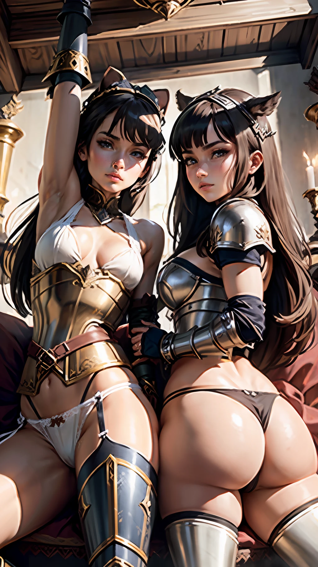 2 brunette warriors, armor, medieval fantasy, D&d, RPG, ultra realistic, ultra detailed, best quality, 8k, wallpaper, steel breastplate, steel gauntlets, steel gloves, front, both sitting with legs open showing the panties, both without pants, no pants, both tiny panties, white panties, thong calciha, panty view, thong, cameltoe,  pantyshot, RAW, nsfw,