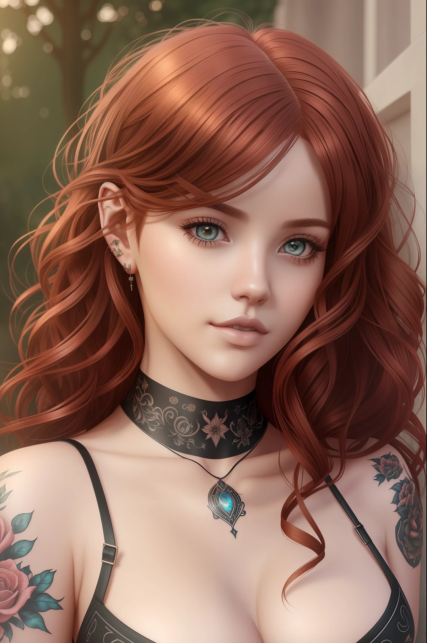 realistic girl with tattoos and piercings posing for a photo, curly red hair, hair with many details, beautiful sensual neckline, 25 years, large breasts, 8k artgerm bokeh, fanart best artstation, render photorealistic girl, art in the style of guweiz, inspired by WLOP, ig model | artgerm, detailed portrait of realistic girl, stunning portrait of realistic face, beautiful portrait, deviantart artstation cgscosiety --auto --s2