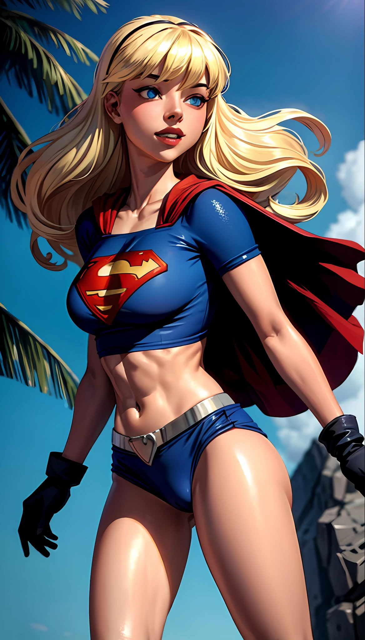 (cowboy shot), SFW, (masterpiece), (best quality: 1.0), (ultra highres: 1.0), detailed eyes,
BREAK
Supergirl, 1girl, long blonde hair, in the air, flying
hair band, \(blue\) crop top, bra, micro bikini, gloves, boots
BREAK
(Morning sun, beautiful beaches, beautiful trees, stunning view)