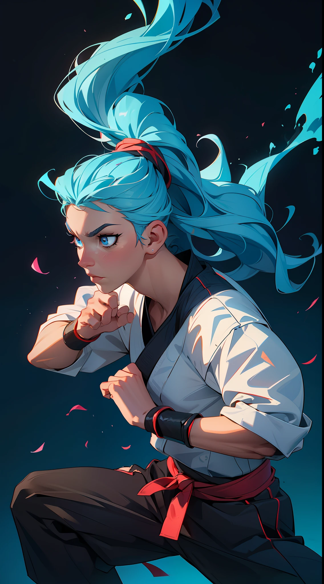 "Intense martial arts action awaits with our (1.2)marital arts fighter, perfectly accentuated by their (1.2)vibrant hair. Catch the fire in (bright blue)eyes as they take on any challenge with (dynamic)pose and fast-paced movements, all searing under the heat of (intense)lighting."