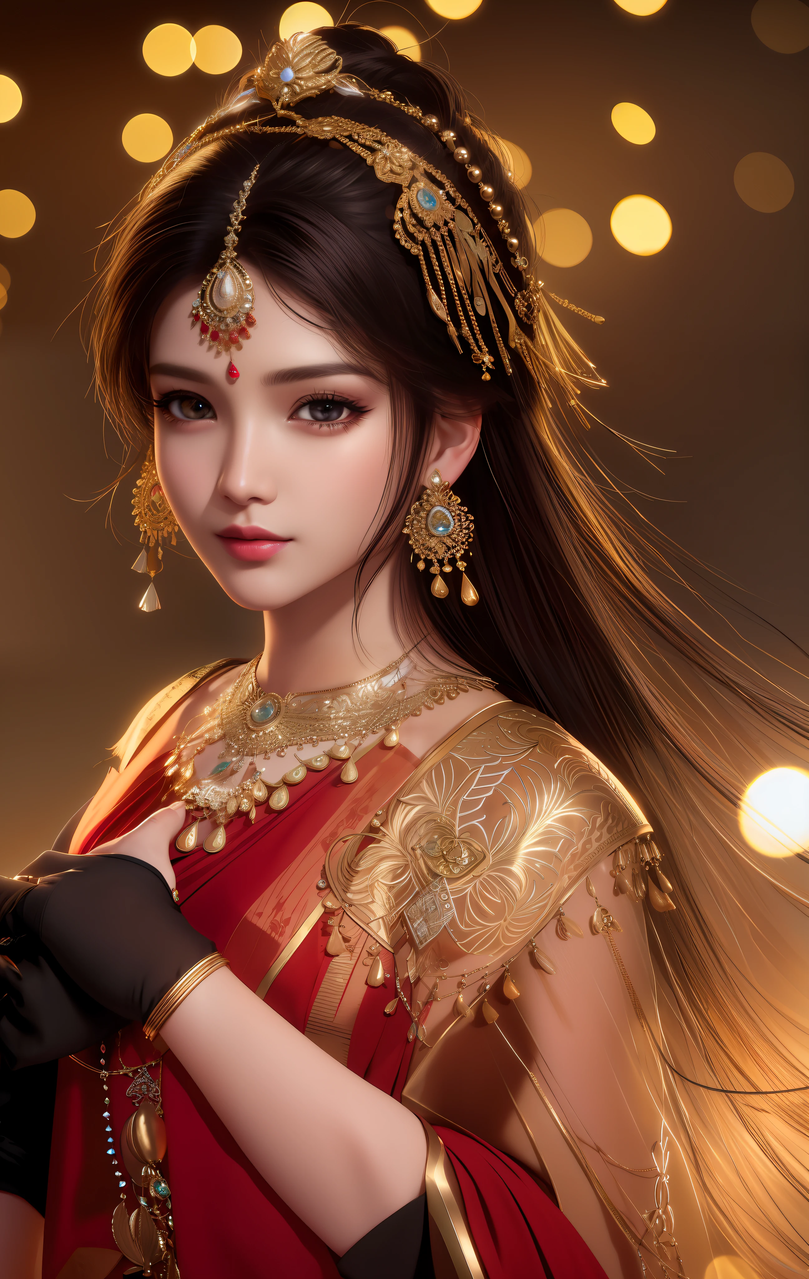best quality, masterpiece, highres, 1 Woman, Indian dress, 30 years old, hair ornament,necklace, jewelry,Beautiful face,upon_body, tyndall effect,photorealistic, dark studio, rim lighting, two tone lighting,(high detailed skin:1.2), 8k uhd, dslr, soft lighting, high quality, volumetric lighting, candid, Photograph, high resolution, 4k, 8k, Bokeh