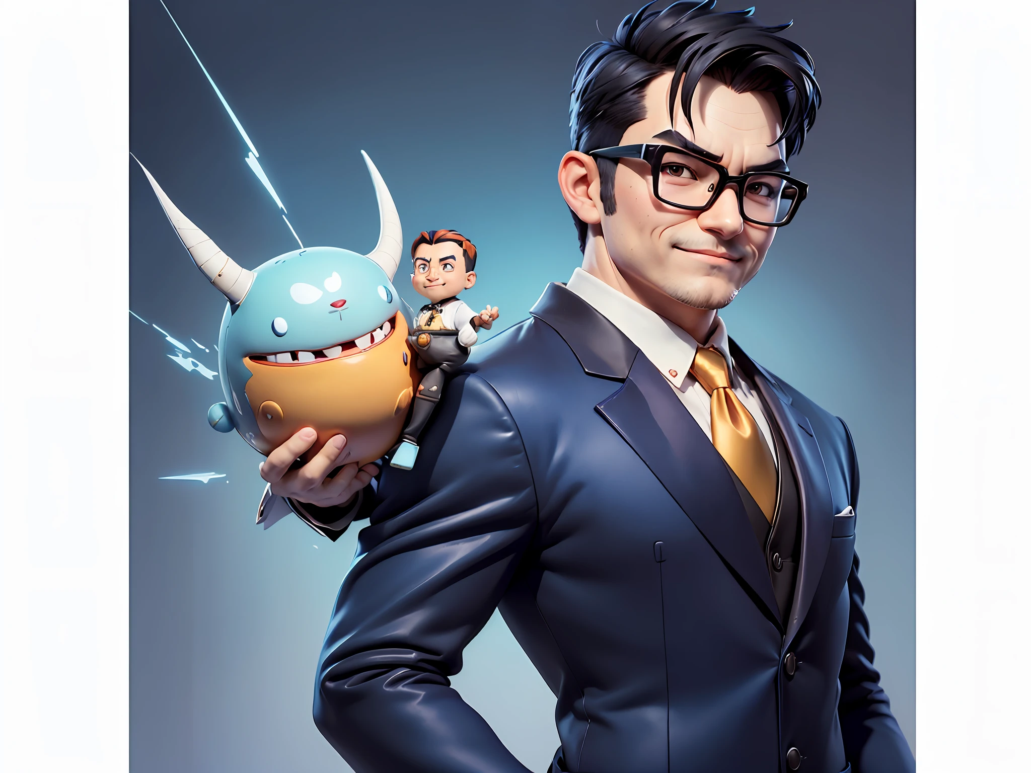 (((Masterpiece), (Excellent), (Super Meticulous), (Full Body: 1.2), Super Young Man, Oriental Face, Japanese Wind and Thunder God, Dragon, Tiger, TV Anchor, Bust Portrait Illustration, Alone, Black Formal Suit, Blue Tie, Slightly Chubby Face, Silver Glasses Face Very Clean No Beard, Black Super Short Hair, Black Eyes, Confident Smile, 3c Computer Sub-Products, iPad, iPhone, Digital Painting, 3D Character Design by Akira Toriyama and Mark Claireden and Pixar and Hayao Miyazaki, The illustration is a high-definition illustration in 4K resolution with very detailed facial features and cartoon-style visuals.