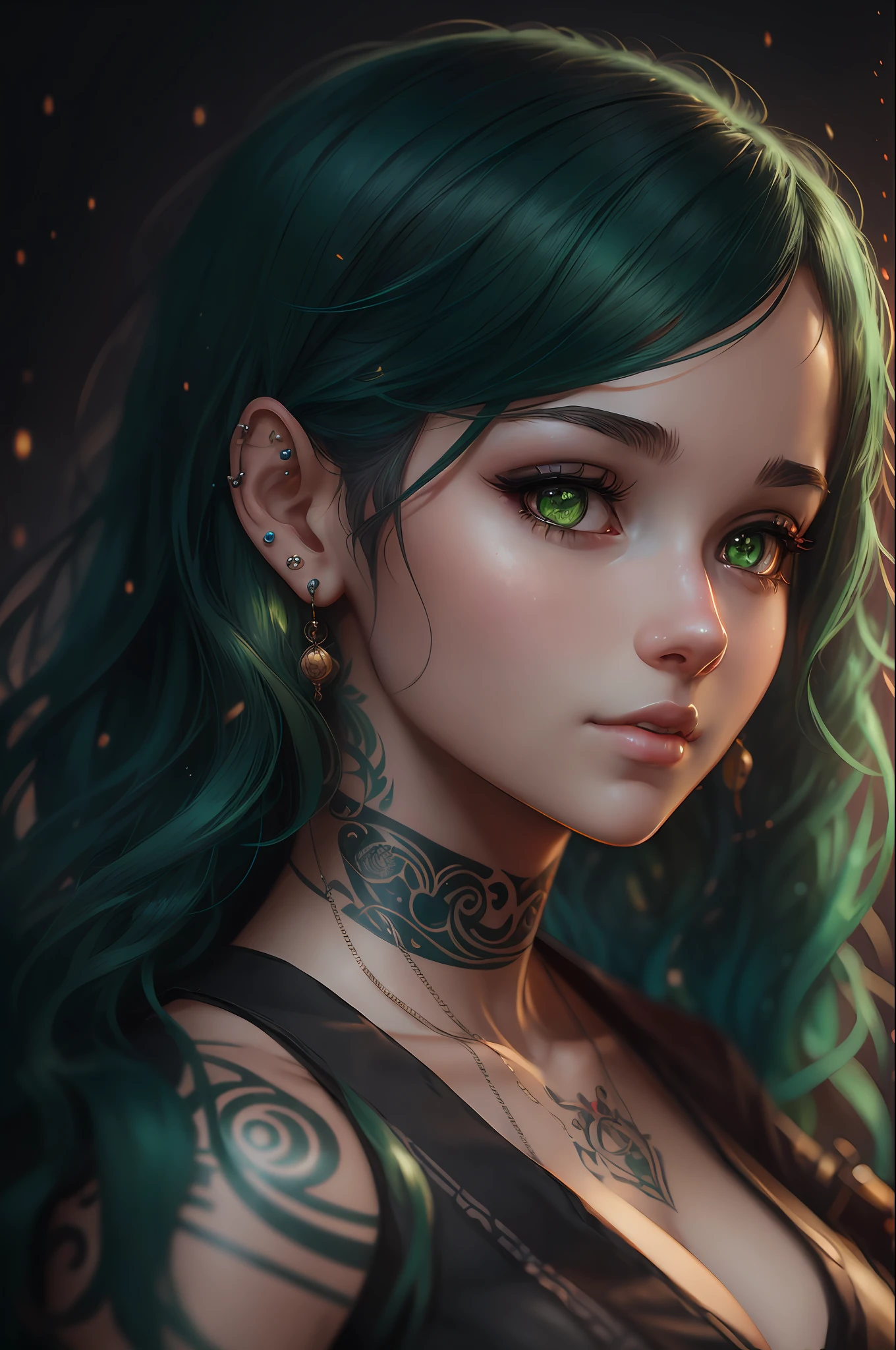 realistic girl with tattoos and piercings posing for a photo, curly green hair, hair with many details, beautiful sensual neckline, 25 years old, big breasts, 8k artgerm bokeh, fanart best artstation, render photorealistic girl, art in the style of guweiz, inspired by WLOP, ig model | artgerm, detailed portrait of realistic girl, stunning portrait of realistic face, beautiful portrait, deviantart artstation cgscosiety --auto --s2