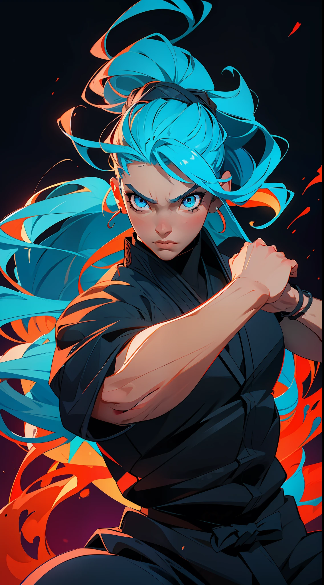 "Intense martial arts action awaits with our (1.2)marital arts fighter, perfectly accentuated by their (1.2)vibrant hair. Catch the fire in (bright blue)eyes as they take on any challenge with (dynamic)pose and fast-paced movements, all searing under the heat of (intense)lighting."