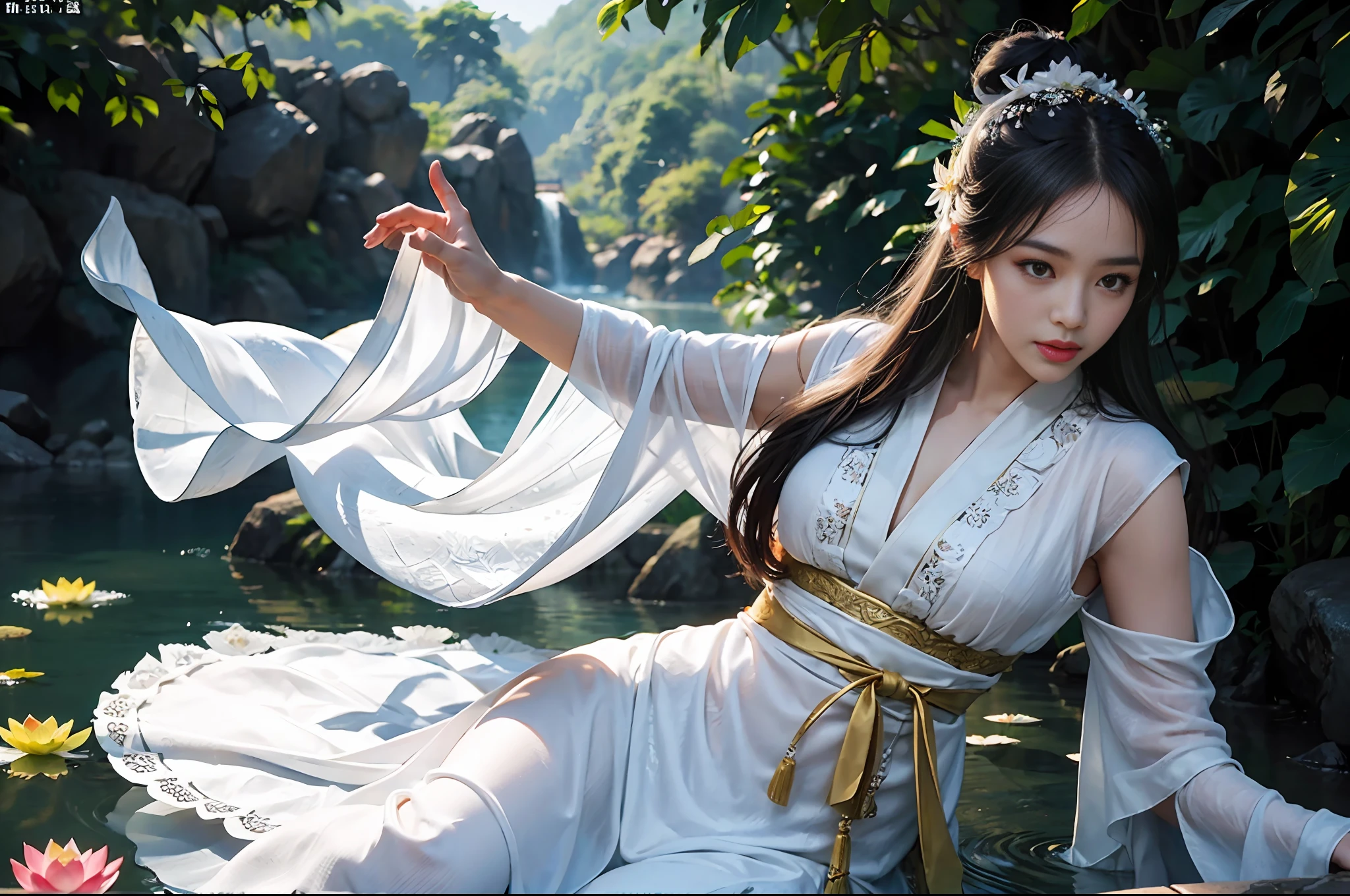 Realistic, close-up, intricate details, super detailed, natural skin texture, 1 girl, hair bundle, bun, beautiful Chinese woman in white hanfu robe cloak, fairy, white mist, golden light, white mist, outdoors, in Hangzhou West Lake, in ancient Chinese pavilion, (colorful, vivid, sunny, cool light: 1.2) lotus leaves in pond, delicate facial details, dynamic poses, exquisite details, wide field of view, epic details, global illumination - ar 3:2 - q 5 - v 5.1 - Style RAW-S 750, style influenced by ancient Chinese art, complex, high detail, sharp focus, dramatic, photorealistic painting art, lotus leaf, spring rain, bright, light, atmosphere, bright tones of spring, super detail, 16k, best quality, soft light, space, crystal clear, natural light, surreal photography,