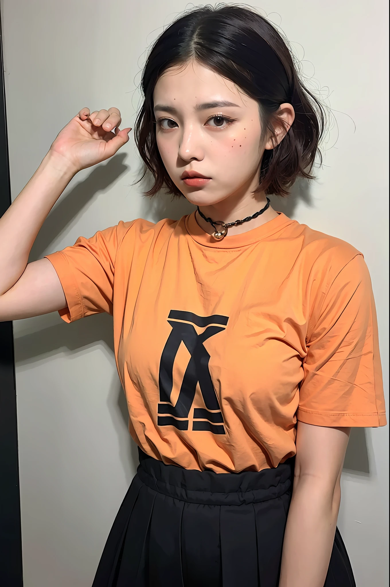 (8k:1.27), best quality, masterpiece, ultra highres:1.2), two arrested cute goth japanese delinquent girls with arm tattoos, tattooed girl, full body picture, holding hands, kissing each other, orange oversized knotted prisoner t-shirt with black letters, short big sleeves, orange inmate prison uniform, dyed pink hair, short bob hairstyle, hair pulled back, in a prison cell, handcuffed, submissive neck choker, 4k or 8k picture, looking disgusted, paisley bandana ribbon hairband, nose septum piercing