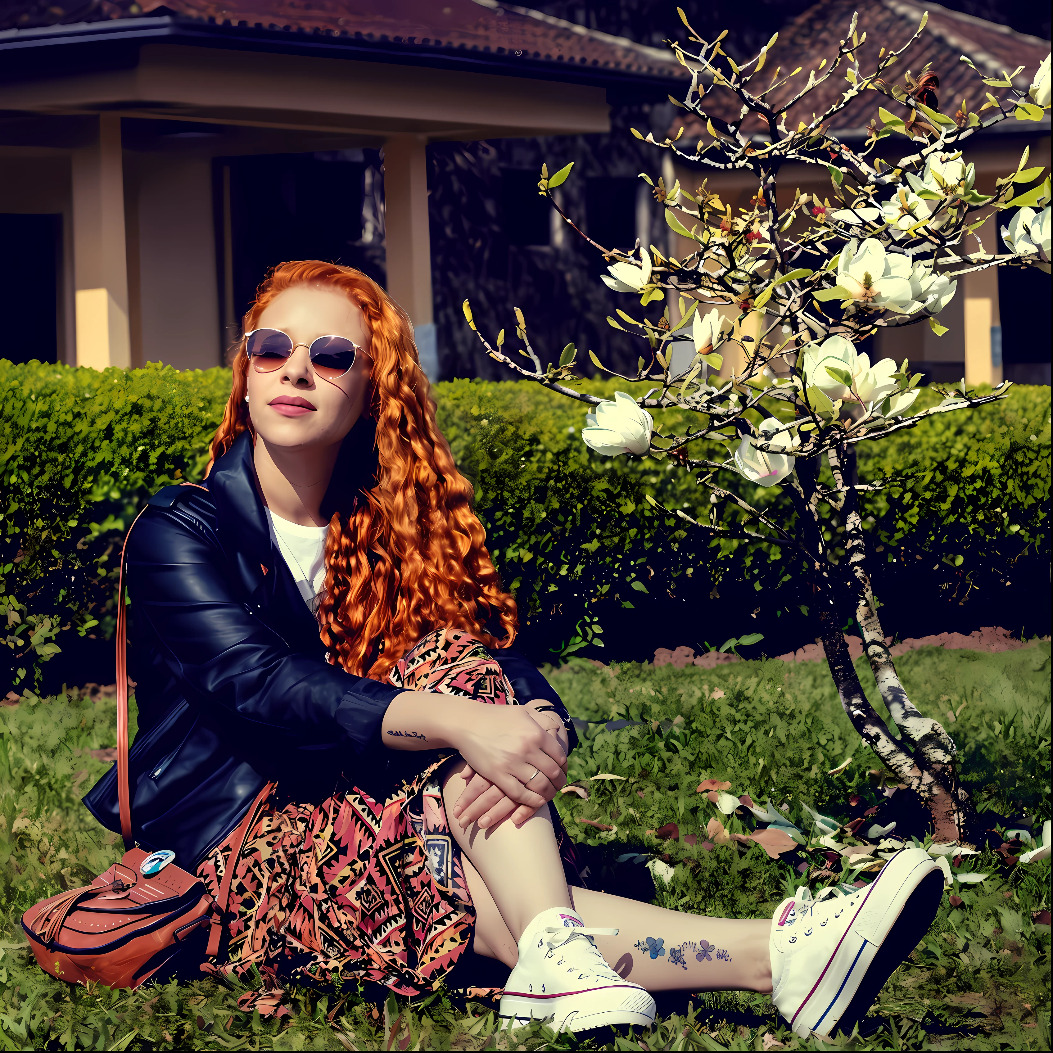 red-haired woman sitting on the grass in front of a tree, with curly red hair, justina blakeney, spring day, photographic portrait, in a park, young woman with red hair, flowers around, fanart, red-haired girl, beautiful sunny sunny day, bright sunny day, red-haired girl, sitting on green grass, on a sunny day, inspired by Kaja Foglio,  Cartoon format, realistic