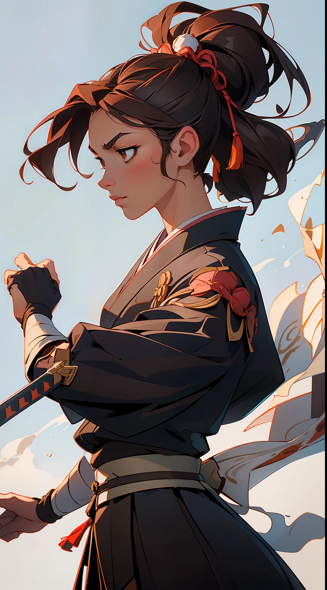 (best quality,masterpiece),(traditional Japanese attire,swordsman),(dark brown hair,extremely delicate and beautiful),(dynamic pose,1swordsman),ultra-detailed.