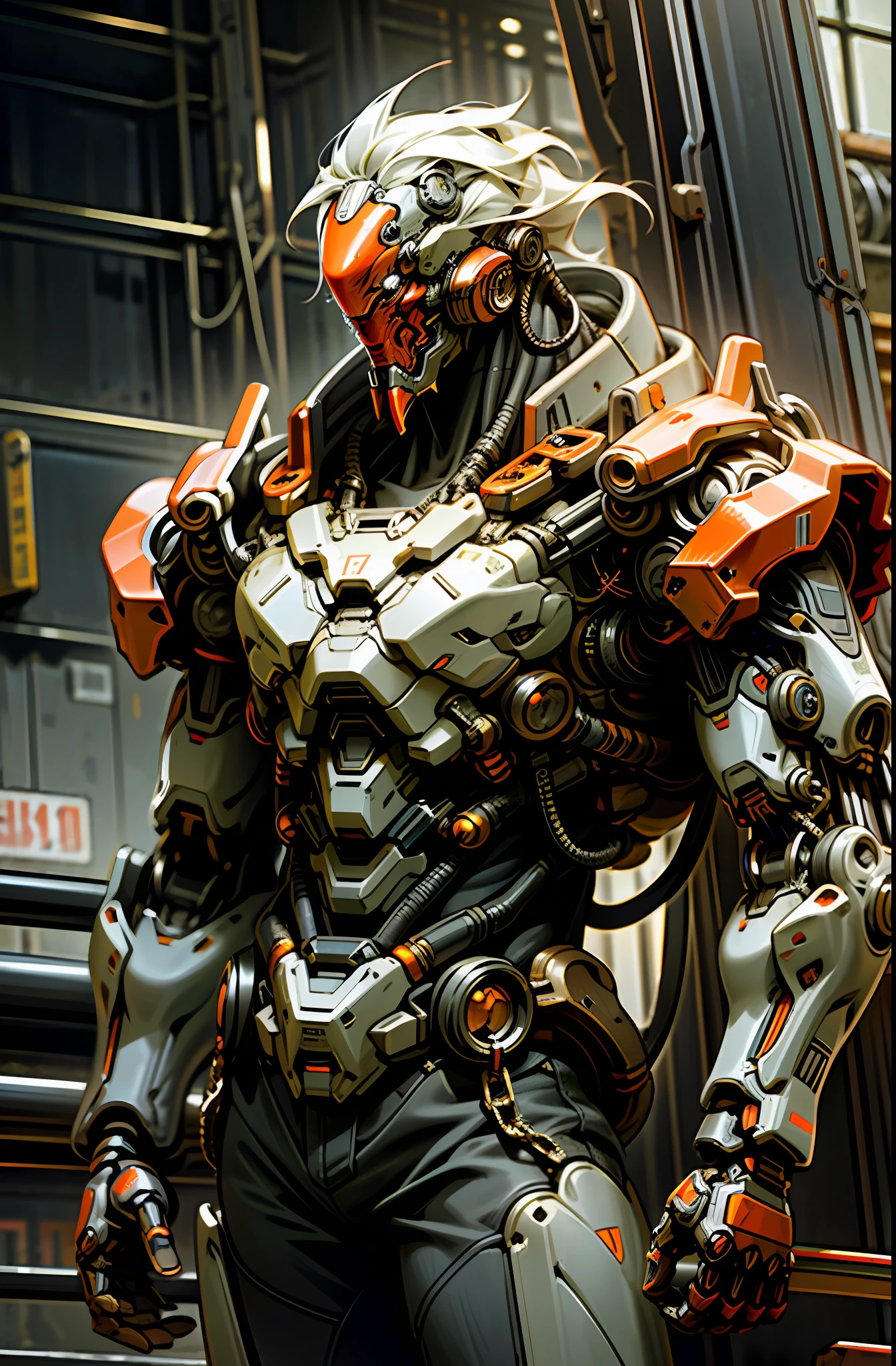 Dark_Fantasy,Cyberpunk,(chain saw,chain saw man,Red:1.1),1man,Mechanical marvel,Robotic presence,Cybernetic guardian, wearing a worn-out mech suit, intricate, (steel metal [rusty]), elegant, clear focus, shot by greg rutkowski, soft lighting, vibrant colors, masterpiece, ((street)), cowboy shot, dynamic pose,