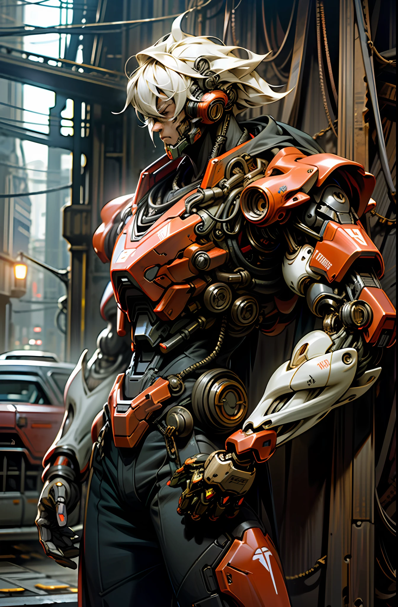 Dark_Fantasy,Cyberpunk,(chain saw,chain saw man,Red:1.1),1man,Mechanical marvel,Robotic presence,Cybernetic guardian, wearing a worn-out mech suit, intricate, (steel metal [rusty]), elegant, clear focus, shot by greg rutkowski, soft lighting, vibrant colors, masterpiece, ((street)), cowboy shot, dynamic pose,