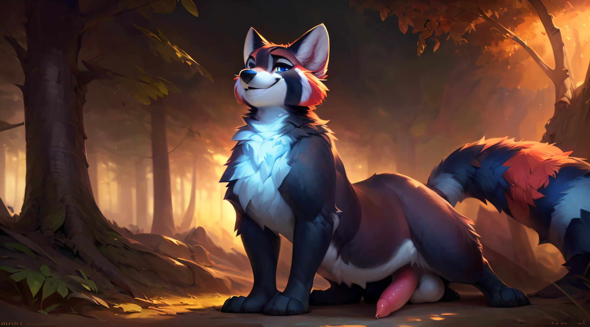 uploaded the e621, by Pixelsketcher, by Bayard Wu, by Thomas Benjamin Kennington , by Einshelm, solo (((wild))), red panda ((taur)) with (fluffy tail) and ((light navy blue eyes)), male, ((only)) male, ((male only)), (bulky chest)), ((fluffy neck)), ((portrait)), (detailed Bonifasko lighting), (detailed skin), (cinematic lighting), (detailed background)), [twilight ray], [detailed ambient light], [ambient light on belly],  (greater wildlife detail of wildlife), [explicit content], [sharp focus], (questionable content), front view, sitting, artistic genitalia, (shading), fluffy tail, relaxed tail, fluffy tail, ((masterpiece)), (detailed skin), ((detailed skin), ((seductive smile)), dynamic pose, (((seductive pose)), erect member, erect, erect, large and thick size