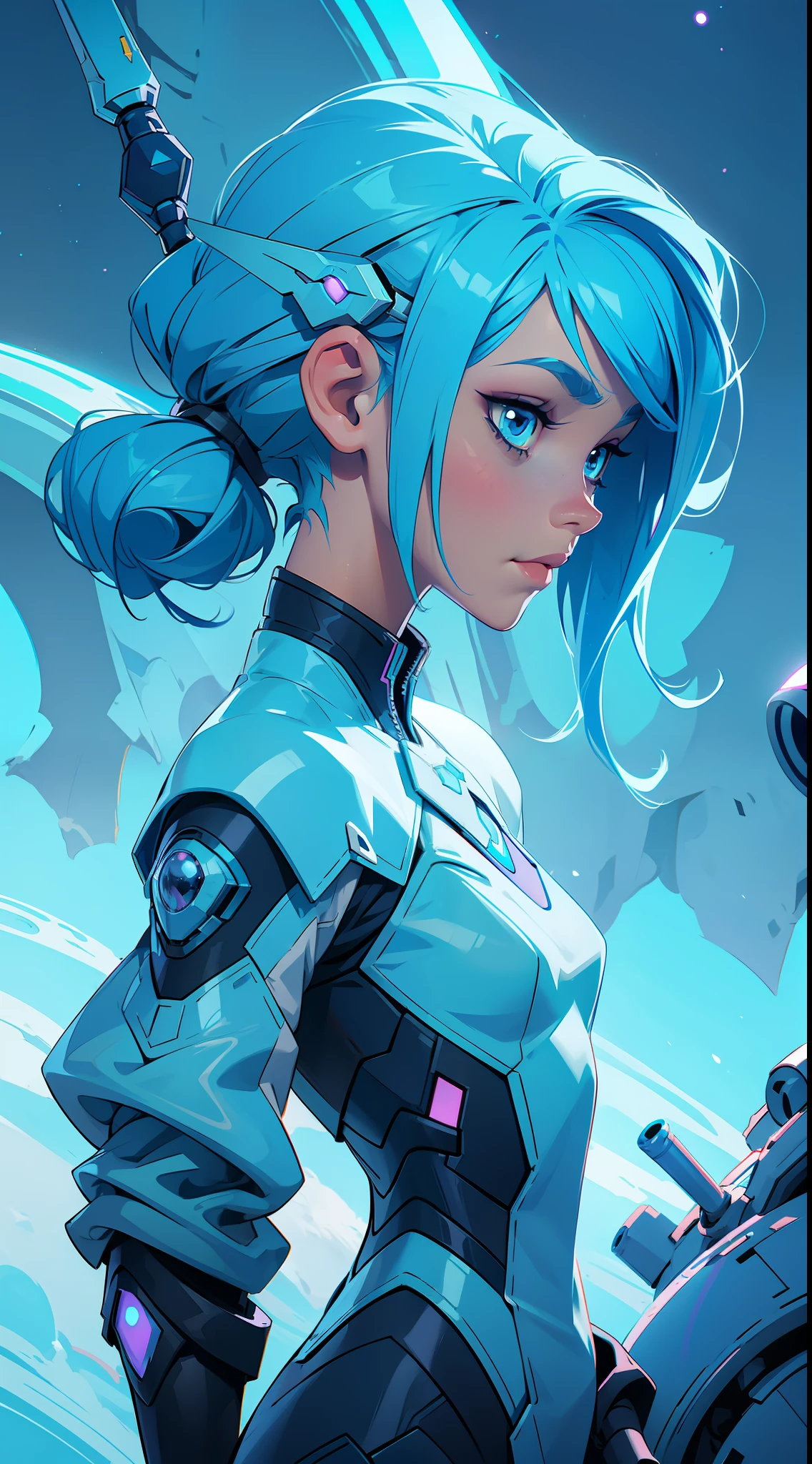 An alien princess with blue hair and futuristic clothing, def background a spaceship in a galaxy