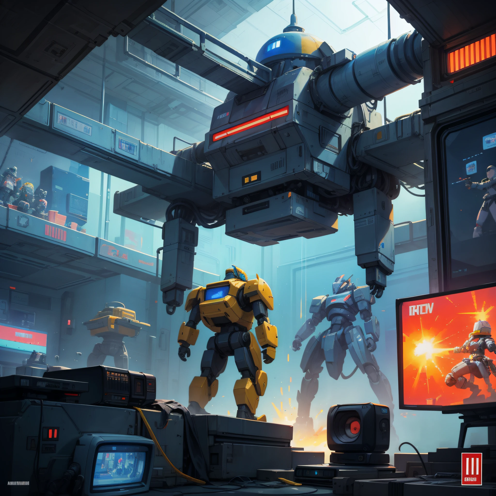 "Create a 2D fighting scenario in a futuristic environment with spaceships and robots. Use the 26-bit pixel art style and add an old TV to add a retro touch to the scene."
