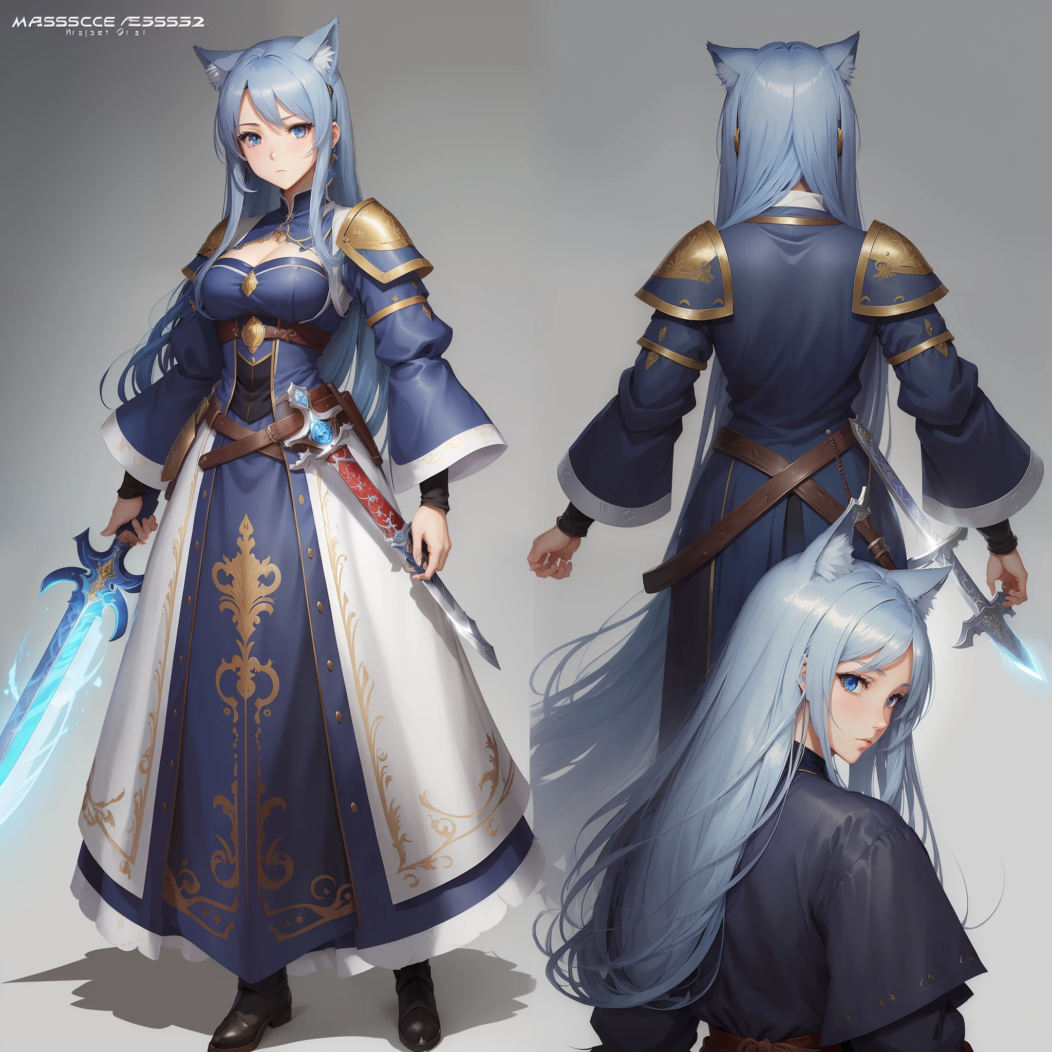 ((masterpiece)),(((best quality))),(character design sheet, same character, front, side, back), (single background, white background: 1.3),woman 20 years, anime perssonage, , genshim impact style, blue hair, dark blue hair midnight, straight hair, beautiful sword, wolf ears, anime style, miscellaneous hairstyles, medieval clothes --auto --s2