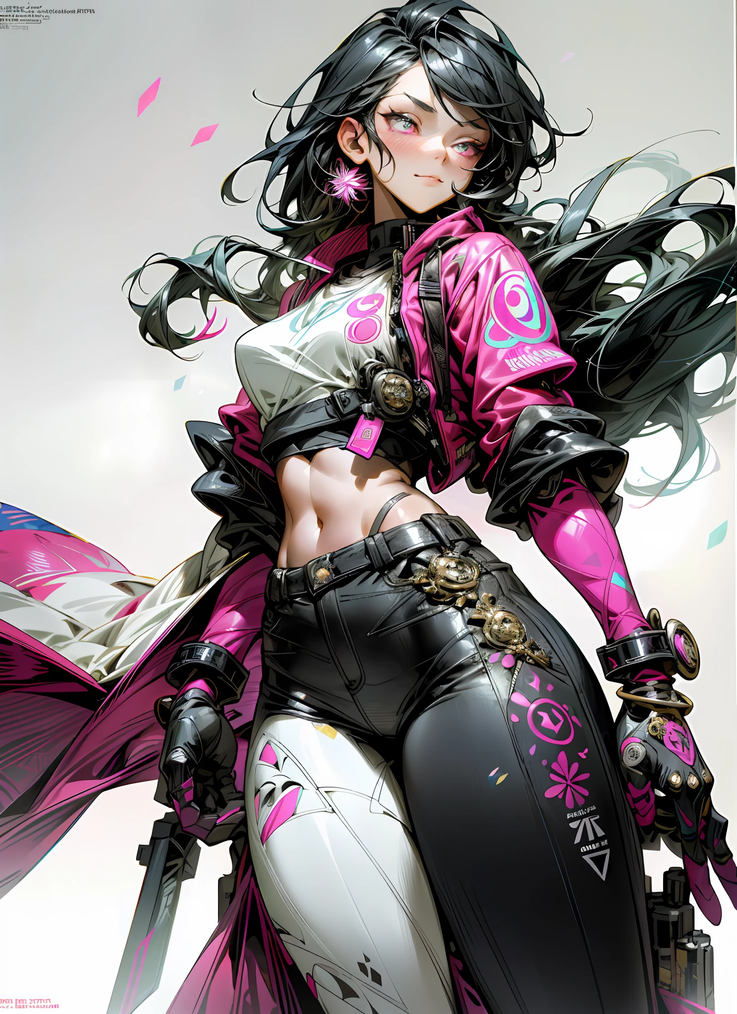 (MASTERPIECE), (Best Quality), (Ultra Detail), Official Art, One Girl, background, mixed-language_text, Japanese letters in graffit, beautiful woman em ação, long black hair, excellent lighting, sidelighting, perfect ultimate (flat color pink bubblegum gradient: 1.3), (magazine_cover: 1.4), (multicolored_background: 1.3), striped_background, card_background, :: discs with sharp and shiny blades in hand :: circular pieces of white metals glued to the ultra detailed arms coming out sparkling glow, black star design stamped in the middle of the t-shirt, perfect and detailed sculptural body, ultra detailed shirt with abstract design and with Japanese letter print in grafit of the sides of the clothing, worn jeans, big breast, with immersive effects, hover effect, background graffiti style flowers with flowers and vibrant colors, "ultra" hdr detailed and with focus effect, (masterpiece: 1.2, best quality), (beautiful emerald yellow eyes with huge finely detailed eyelashes: 1.2), , ((Solo)), (Finely detailed eyes and detailed face:1.3),beautiful ultra-detailed eyes, lineart light smile, graffiti and tattoo style backdrop, woman, alone. midriff, skintight bodysuit with detailed tattoo-style print, ultra-detailed red gradient leather jacket, hot thighs, black skintight pants with ultra-detailed white and pink detailing, large breasts, ultra-detailed bracelets on arms, , bracelet on right arm with ultra bright red energy