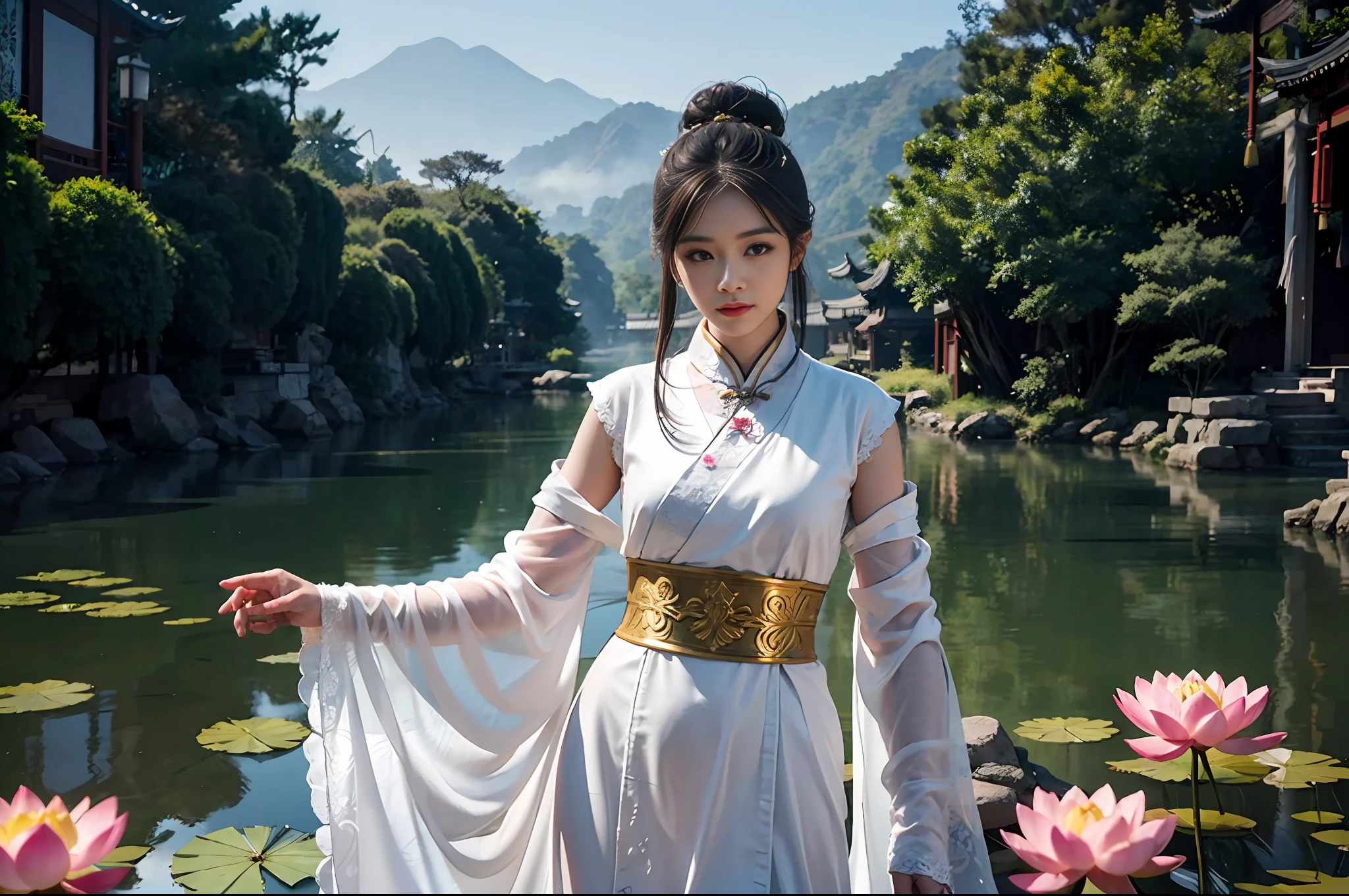 Realistic, close-up, intricate details, super detailed, natural skin texture, 1 girl, hair bundle, bun, beautiful Chinese woman in white hanfu robe cloak, fairy, white mist, golden light, white mist, outdoors, in Hangzhou West Lake, in ancient Chinese pavilion, (colorful, vivid, sunny, cool light: 1.2) lotus leaves in pond, delicate facial details, dynamic poses, exquisite details, wide field of view, epic details, global illumination - ar 3:2 - q 5 - v 5.1 - Style RAW-S 750, style influenced by ancient Chinese art, complex, high detail, sharp focus, dramatic, photorealistic painting art, lotus leaf, spring rain, bright, light, atmosphere, bright tones of spring, super detail, 16k, best quality, soft light, space, crystal clear, natural light, surreal photography,